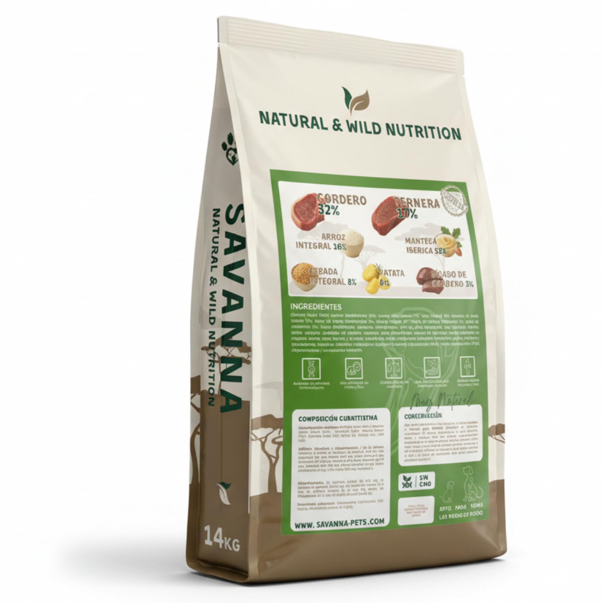 Pienso con Cordero y Ternera Savanna para Perros Adultos, Racao Caes Adulto, Receta Natural de Alta energía con Arroz, Digestión Suave, Cuidado Articular y Muscular, Todas Las Razas - 14 kg.