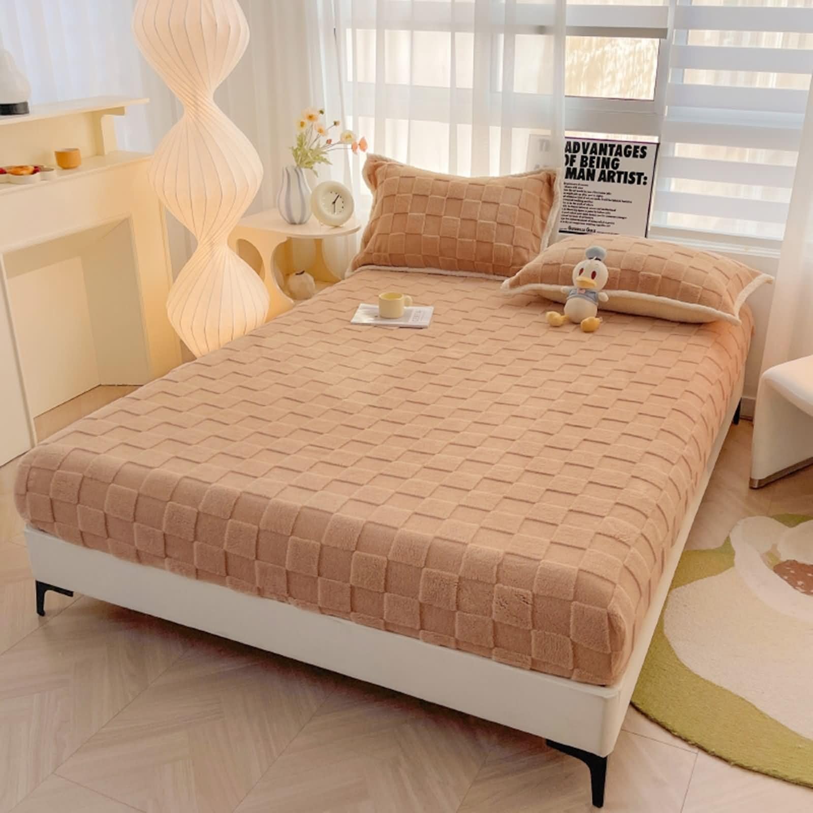 Fitted Sheet Design Spannbetttuch 120X200 Warm Khaki Quadratisches Muster Mikrofaser Kein Kissenbezug for All Season Upgrade