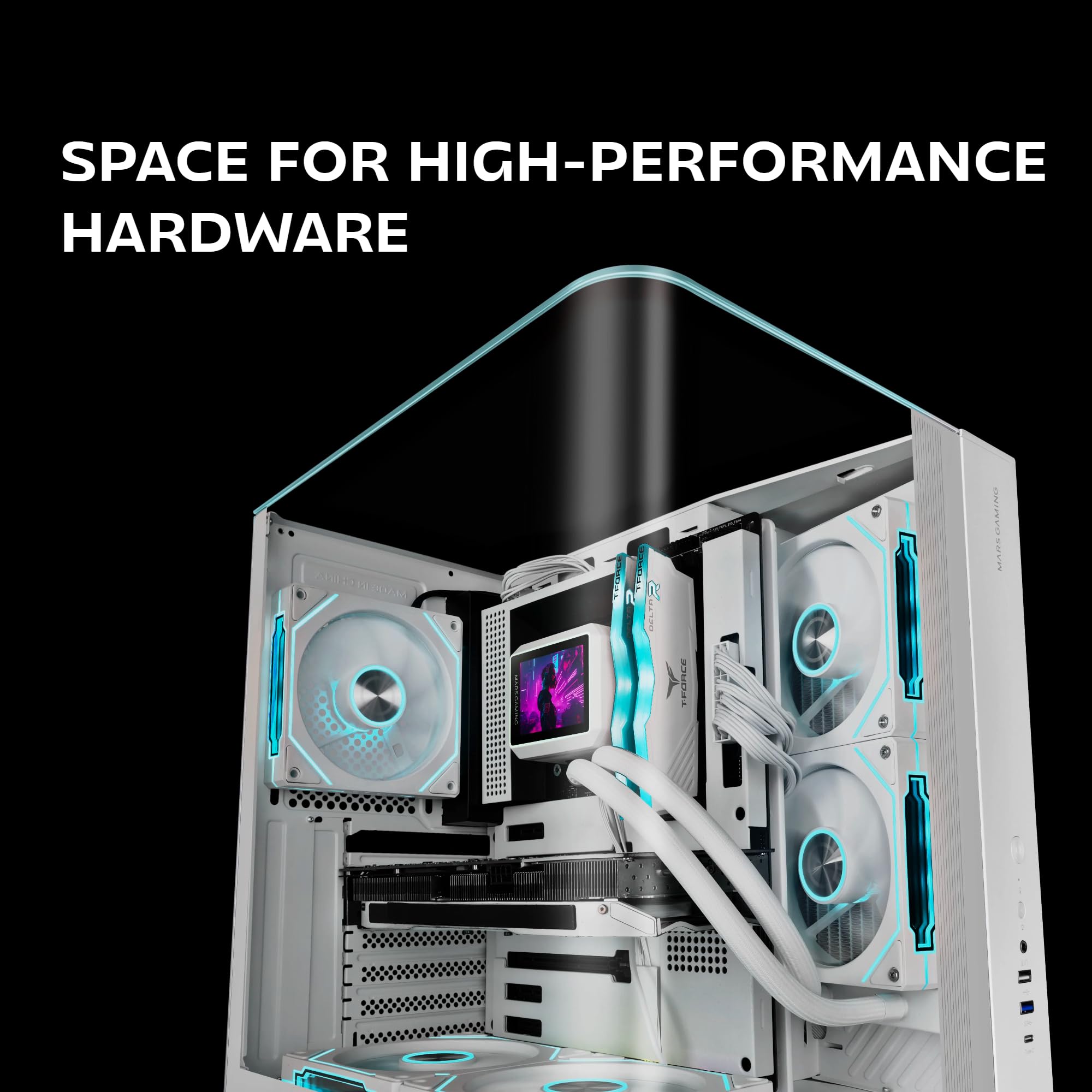 Mars Gaming MC-INFINIOLITE, Case Gaming ATX, Vetro Temperato Curvo Continuo Senza Cornice, Pannello Superiore in Vetro, Struttura a Doppia Camera, Supporto Raffreddamento Liquido fino a 240mm, Bianco