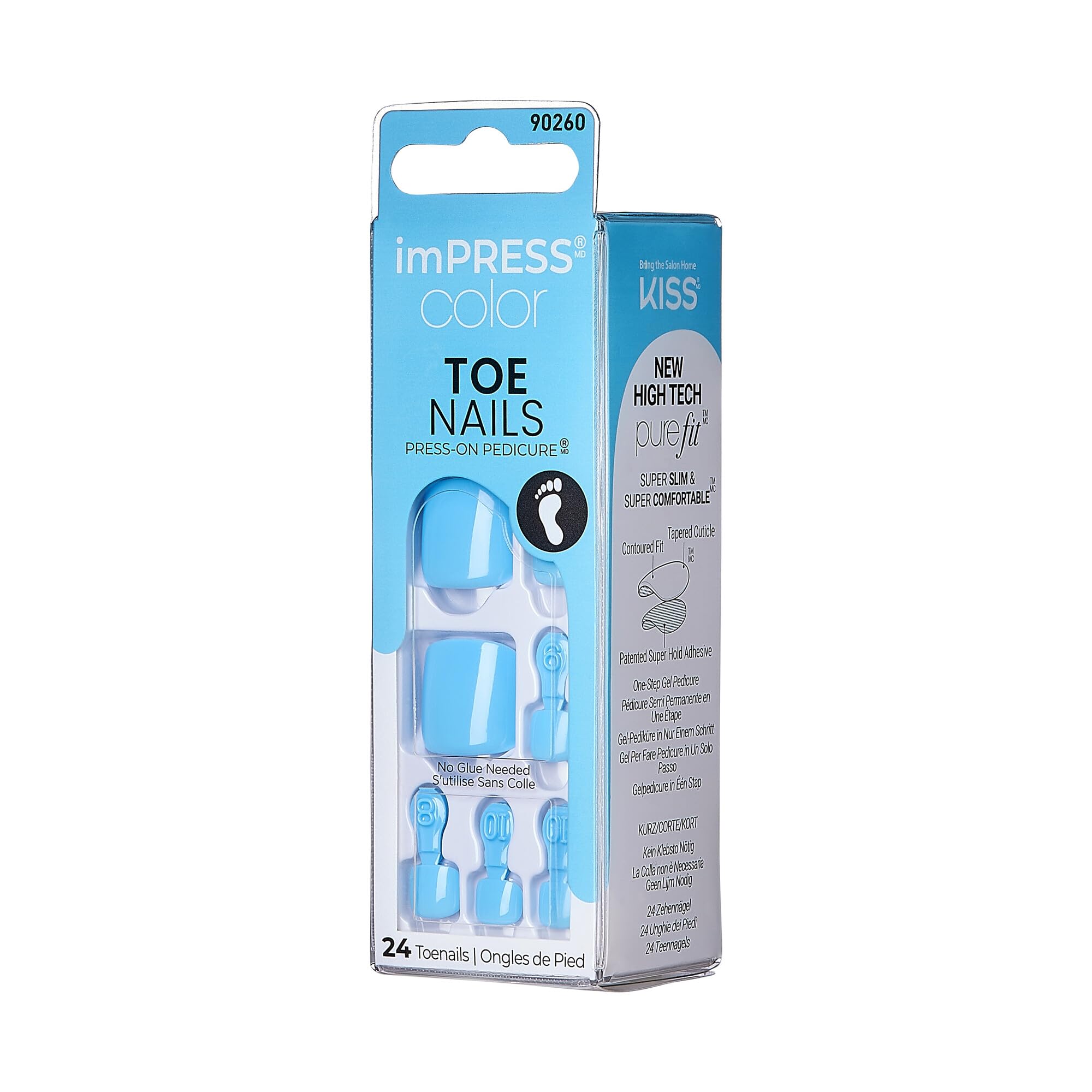Kiss imPRESS Color No Glue Pedi - Unghie a pressione per piedi, forma quadrata, con 24 unghie, tampone di preparazione, 1 bastoncino per manicure, 1 mini lima
