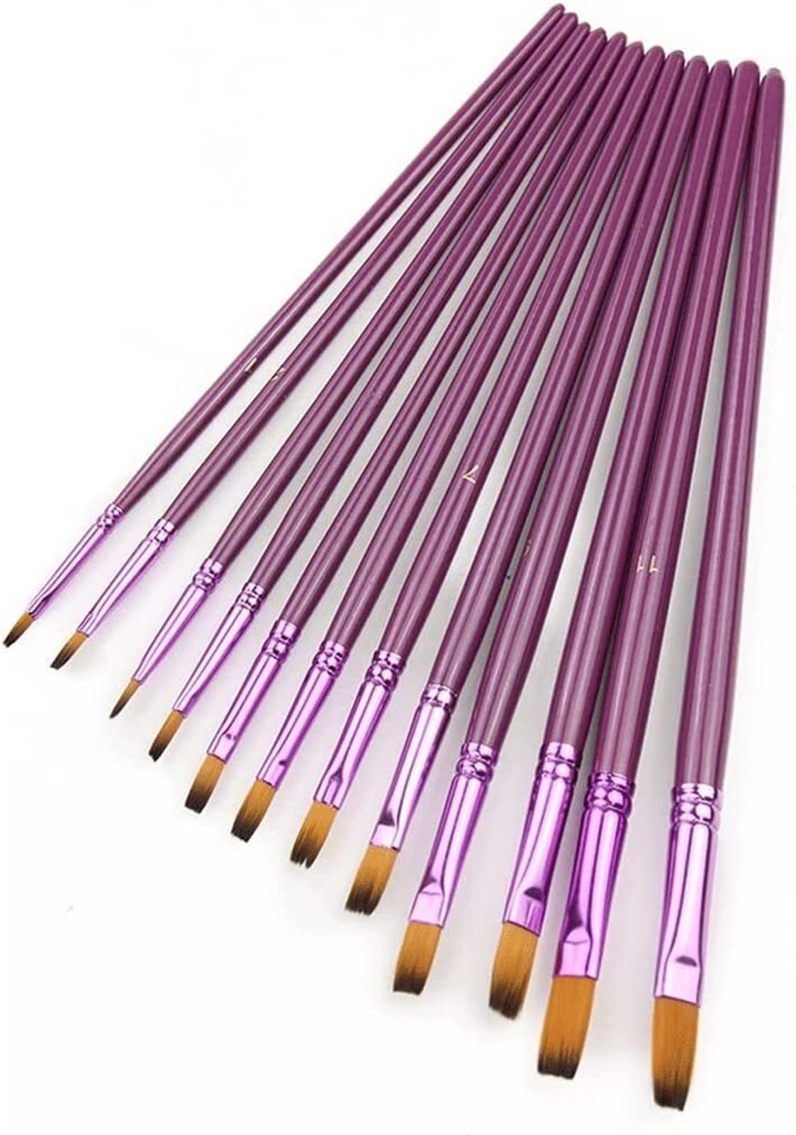 Lot de 12 Pinceaux en Nylon De Différentes Tailles pour Peinture À l'huile, Gouache Et Aquarelle.
