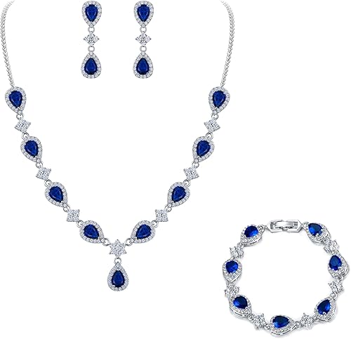 EleQueen juego nupcial de collar en V pulsera tenis y aretes colgantes con circonia cúbica flor y lágrima tono plateado para mujer EleQueen juego nupcial de collar en V pulsera tenis y aretes colgantes con circonia cúbica flor y lágrima tono plateado para mujer