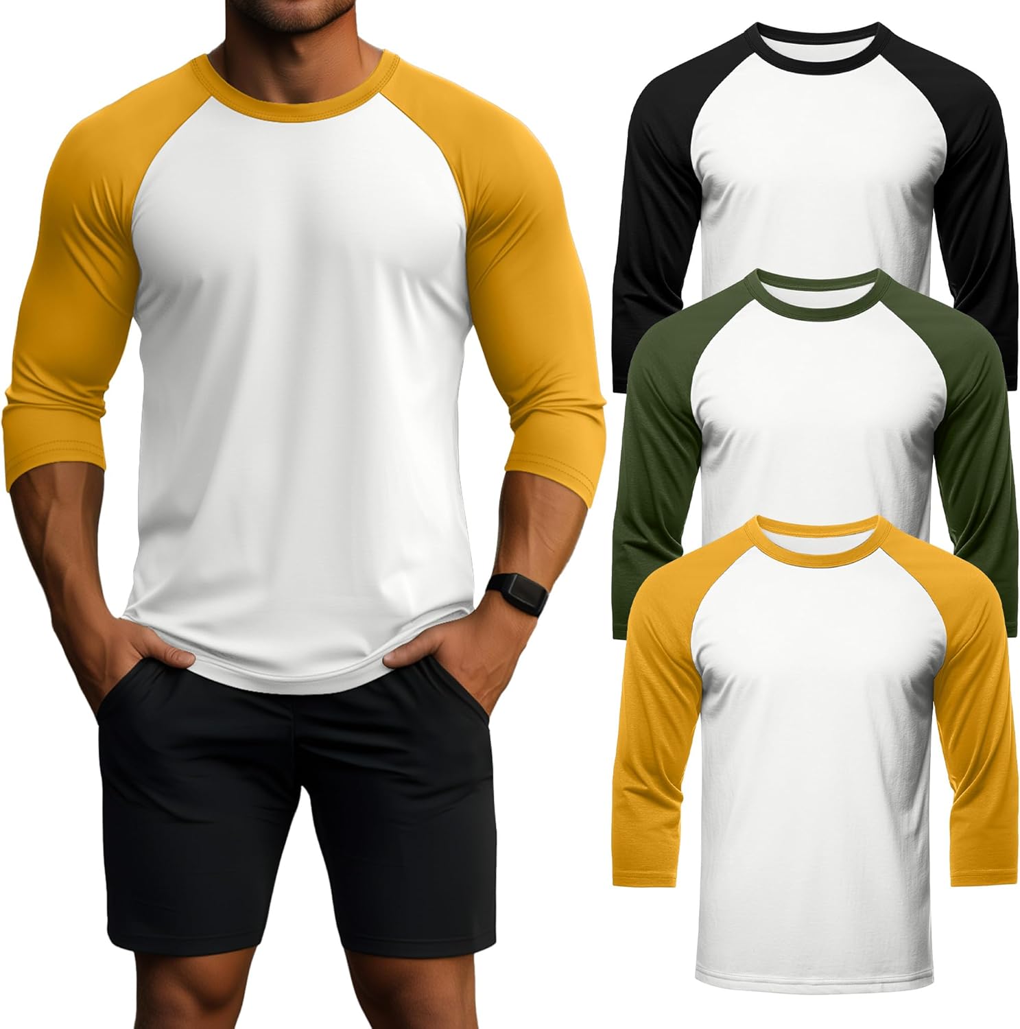 Huukeay 3 Pack Men's 3/4 Sleeve Shirts Crew Neck Baseball T Shirts Moisture Wicking Athletic Tops