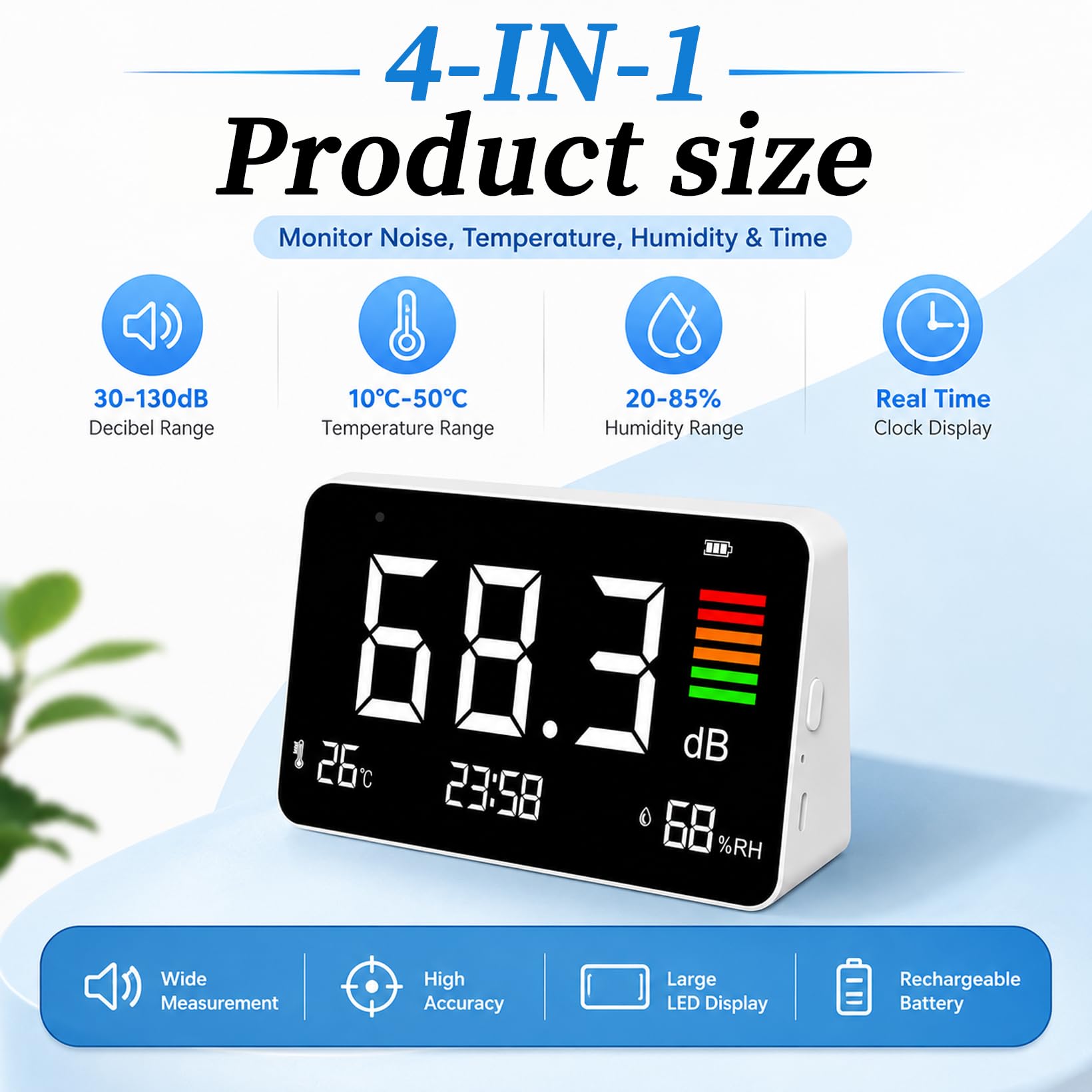Misuratore di decibel, misuratore di livello acustico digitale con indicatore di temperatura, umidità, ora, misuratore di rumore portatile per ufficio e sonno
