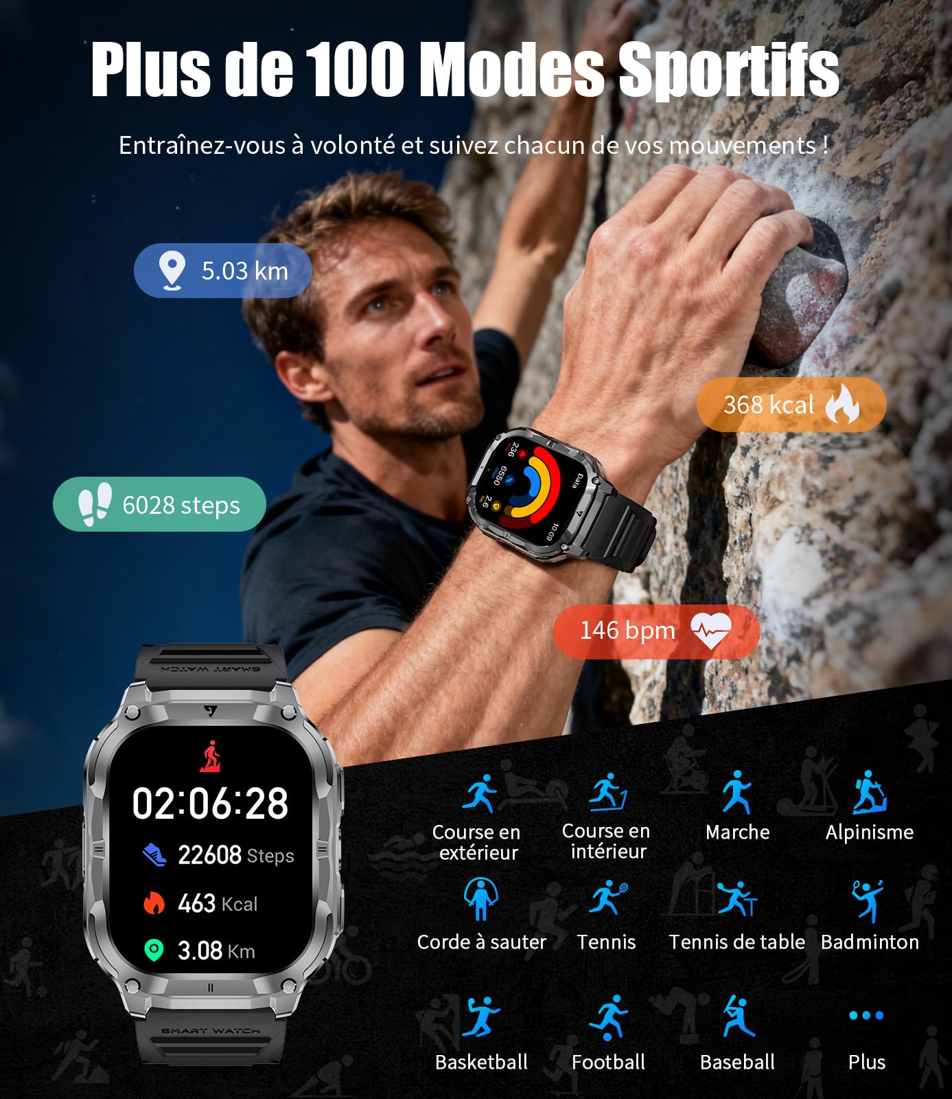 Militaire Montre Connectée Homme, Appel Bluetooth, 2.0" HD Grand Écran Smartwatch avec Torche LED/Batterie 1000mAh/Fitness Tracker/100+ Modes Sportifs, 2 Câbles de Chargement, Android iOS, Noir-orange