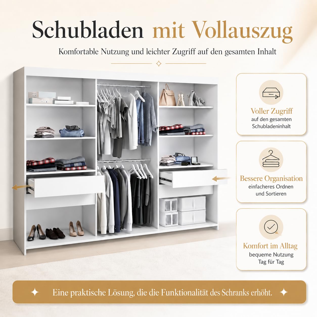 A&J MöbelLand BELANO Kleiderschrank mit Spiegel, Schwebetürenschrank 200 x 215 x 59,5 cm, 4 Schubladen, Kleiderstangen und Einlegeböden, Weiß/Graphit, Premium