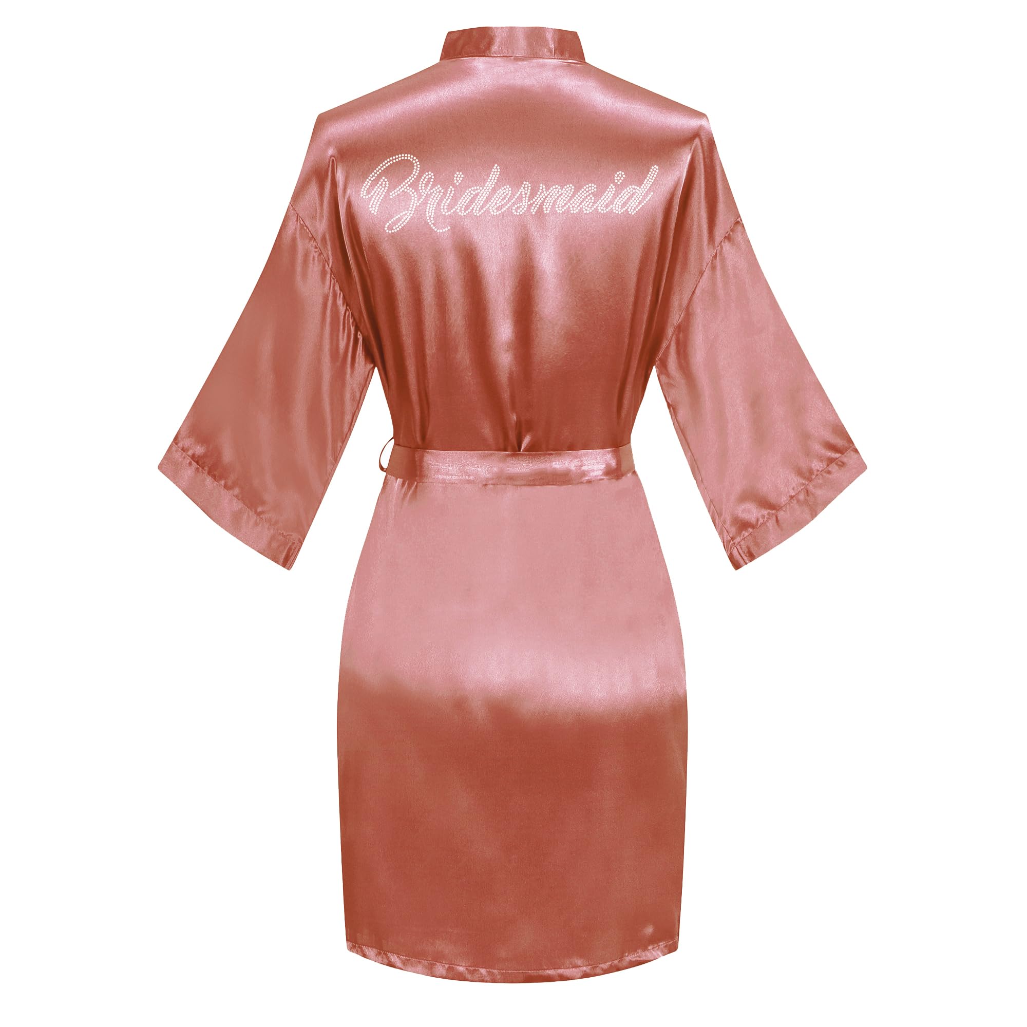 Women's Satin Robe Short Kimono for Bride &amp; Bridesmaid with Silver Rhinestones, Wedding Party Robes
