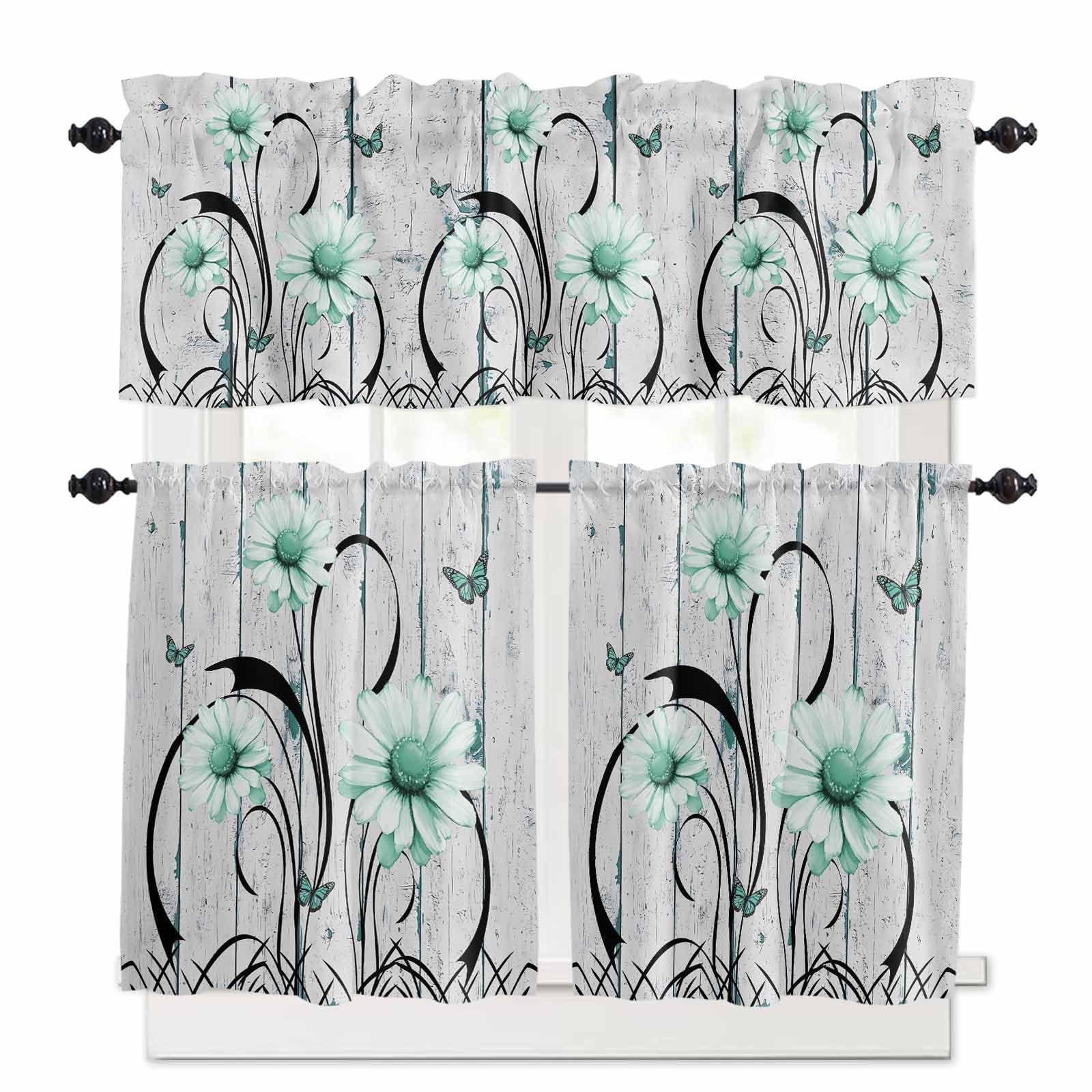 Aqua Daisy Kitchen Curtains 36 Inch Length,3 Piece Rod Pocket Small Half Tiers and Valance Set,Rustic Butterfly Floral Gray Wooden Grain Small Large Window Treatment Decor for Bedroom/Bathroom Sink