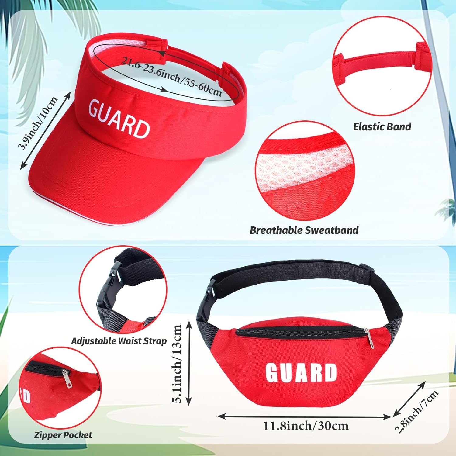 Kyson 5 Pieces Halloween Guard Costume Accessories Set-Red Guard Sun Visor,Fanny Pack,Red Sunglasses,Inflatable Float,Whistle - Image 2