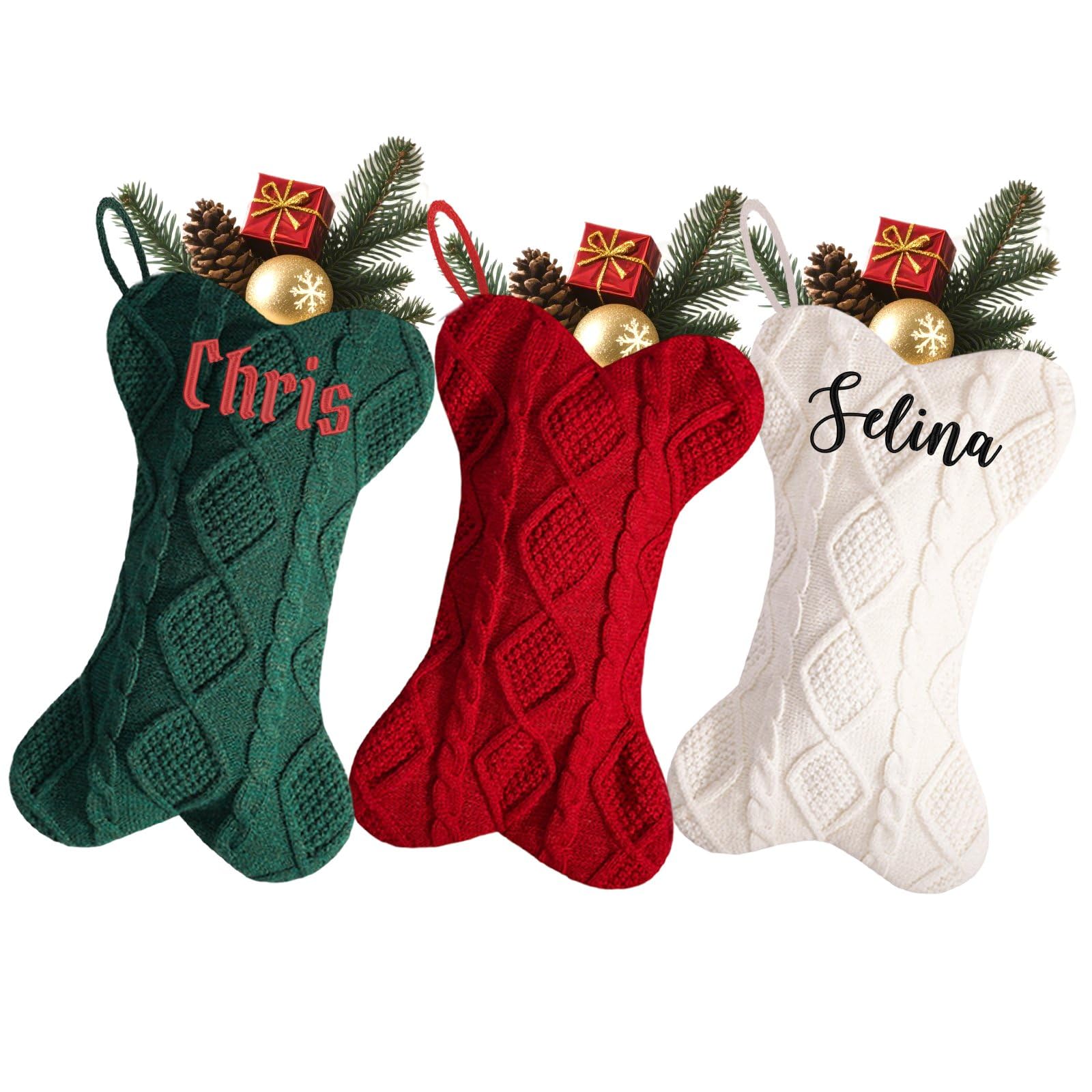 6Pcs Nome Personalizzato 16.5 '' Grande Forma Osso Calze di Natale Lavorate A Maglia, Nome Personalizzato Grande Osso Forma Cavo Calze di Natale per Albero di Natale