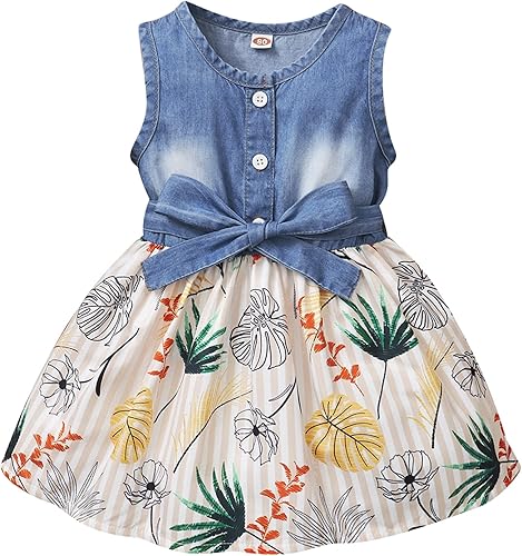 Saeaby Vestido de Niña Bebé Ropa de Verano para Niña Pequeña Vestido sin Mangas para Bebé Vestido de Mezclilla con Flores Vestido de Verano Vestidos