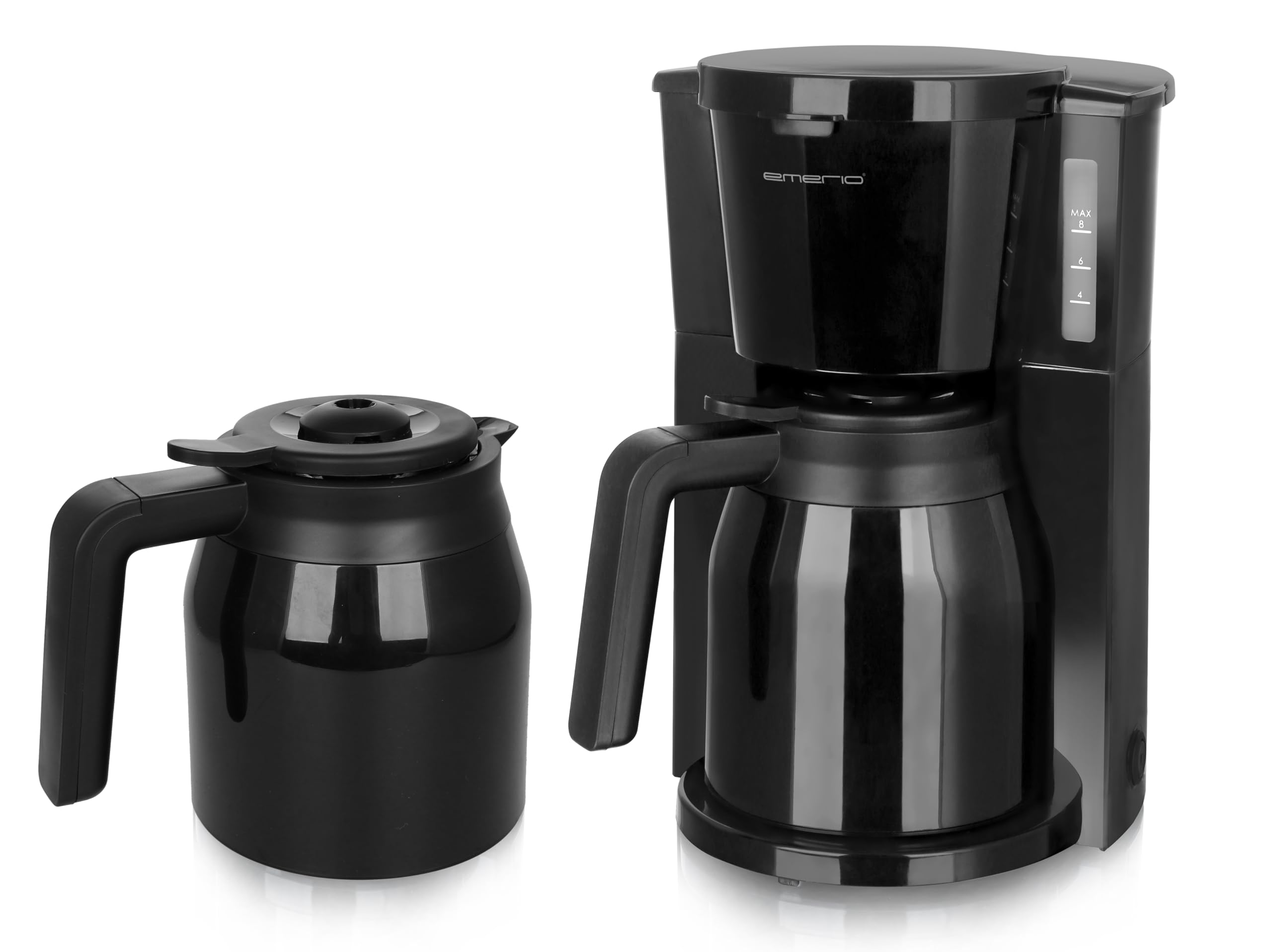 Emerio Cafetera de filtro con 2 jarras térmicas, 900W, hasta 8 tazas en una sola pasada, filtro giratorio 1x4 con sistema antigoteo, incluye filtro permanente, apagado automático, piezas de plástico