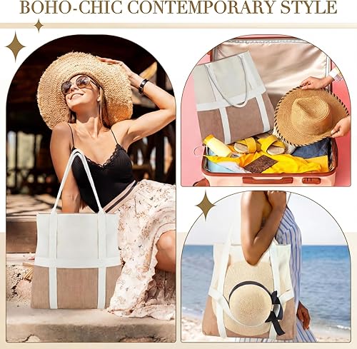 Miniatura 5 de Bolsa de playa bohemia para mujer, 16.5 x 17.5 x 4 pulgadas, bolsa de playa tejida grande de verano con correa de soporte para sombrero para viajes