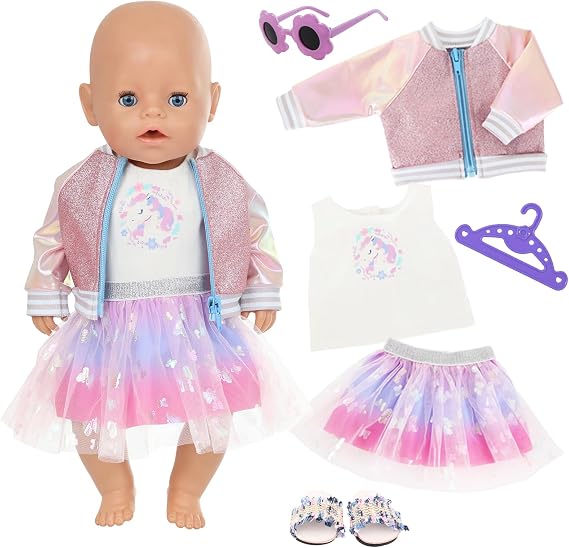 Doll Clothes for 14-18 Inch Baby Dolls 6 Pieces Pink Pony Clothing Outfits with Cartoon Top Ombre Tulle Skirt Sequin Jacket Sunglasses Hangers Slippers Baby Dolls 35-46 cm Clothing