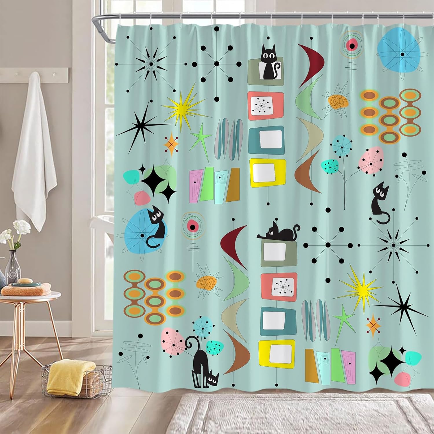 Mid Century Shower Curtain Black Cat Atomic 1950s 1960s Abstract Geometric Minimalist 70" Wx84 H Fabric Bathroom Decor Curtain with Hooks