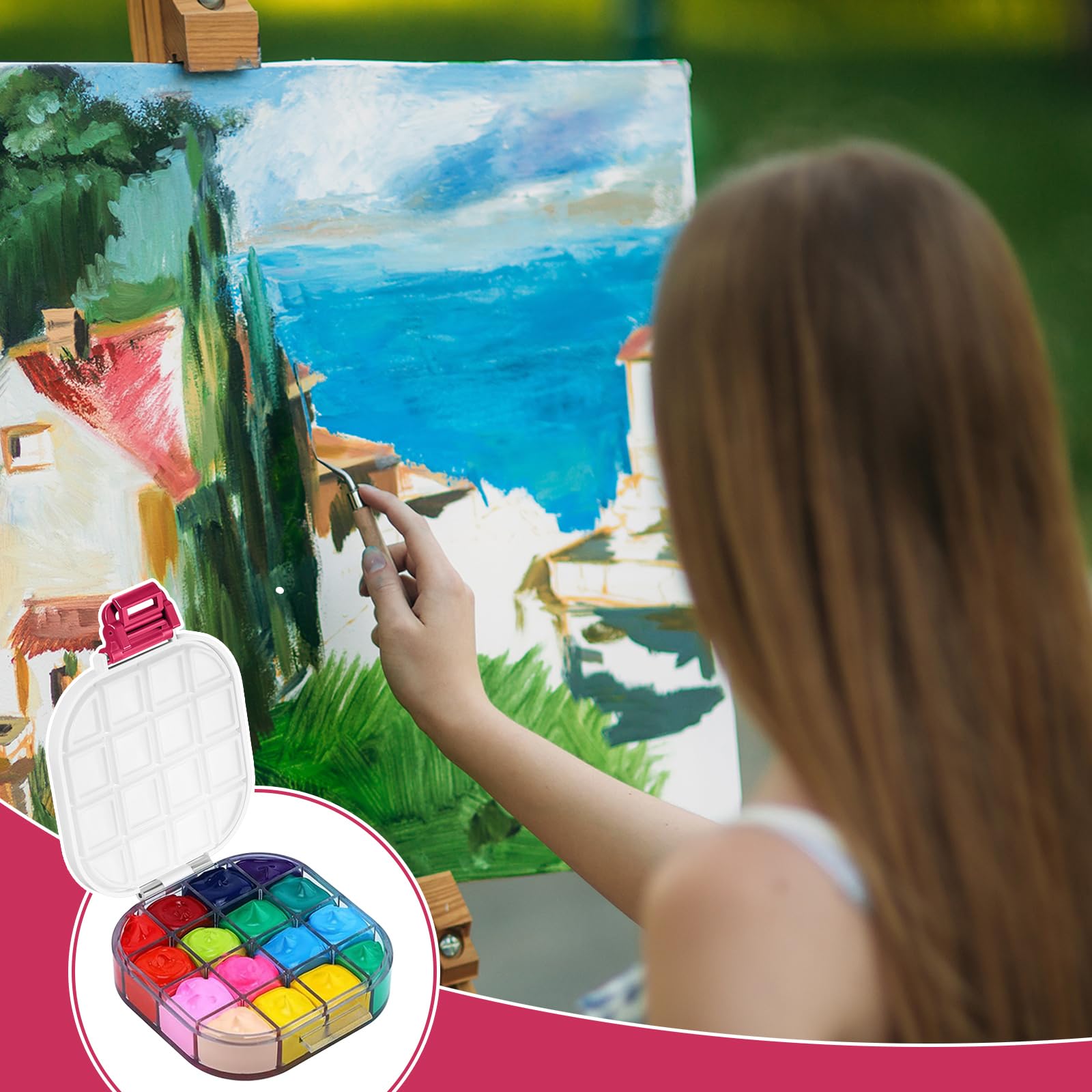 Yeaqee Lot de 4 palettes de peinture hermétiques à 16 emplacements avec couvercle - Rangement vide pour aquarelle, gouache, peinture à l'huile - Fournitures cadeaux pour la rentrée scolaire (rouge)