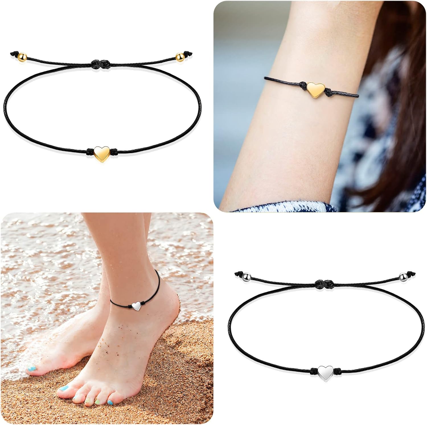 20 Pieces Galentines Day Gifts Bulk Silver Gold Heart Charm Bracelets Black String Adjustable Bracelet Braided Matching Bracelets Friendship Jewelry Galentines Party Favors for Women Men - Image 5