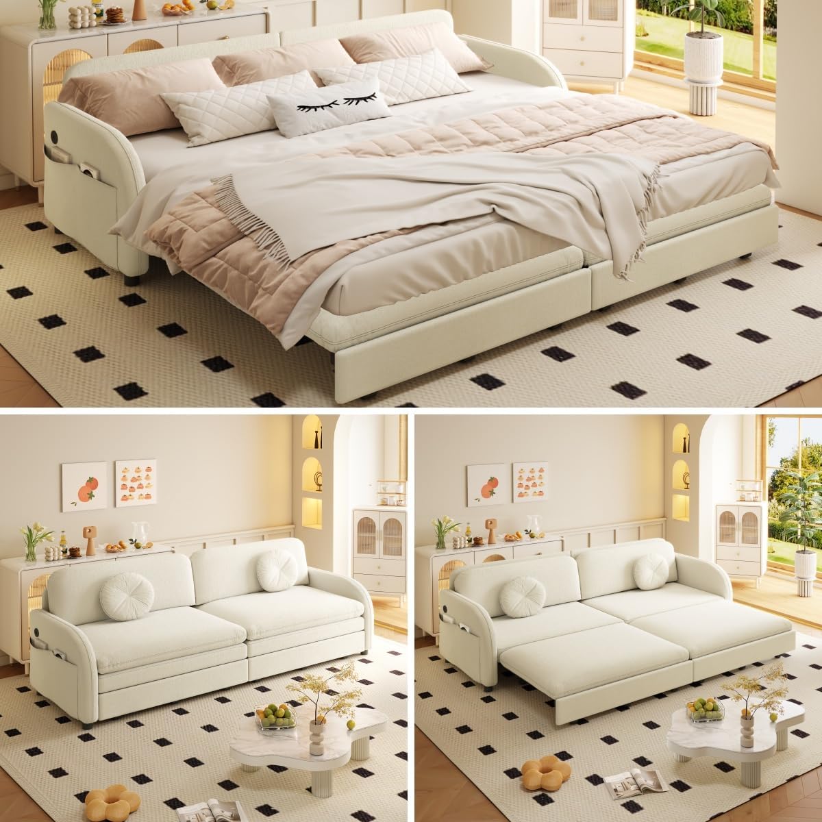 81.1'' Pull Out Couch Bed King Size, Chenille Sleeper Sofa Daybed, 3 in 1 Convertible Couches, Futon Sofa with 2 Pillows, Storage Pockets, USB, 3-Seater for Small Spaces, Living Room, Beige
