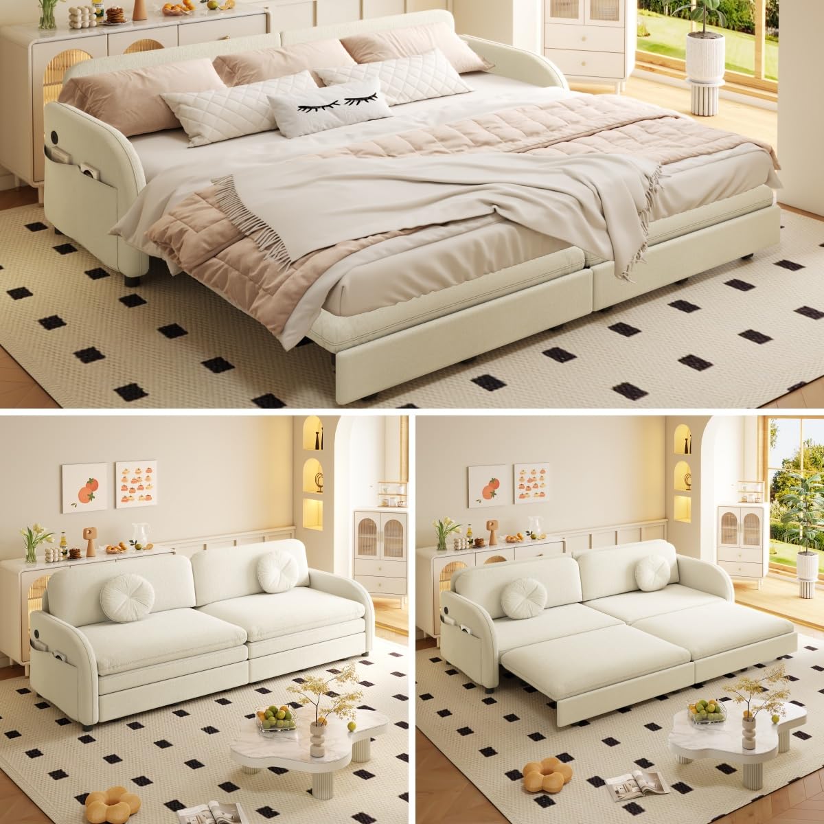 81.1'' Pull Out Couch Bed King Size, Chenille Sleeper Sofa Daybed, 3 in 1 Convertible Couches, Futon Sofa with 2 Pillows, Storage Pockets, USB, 3-Seater for Small Spaces, Living Room, Beige