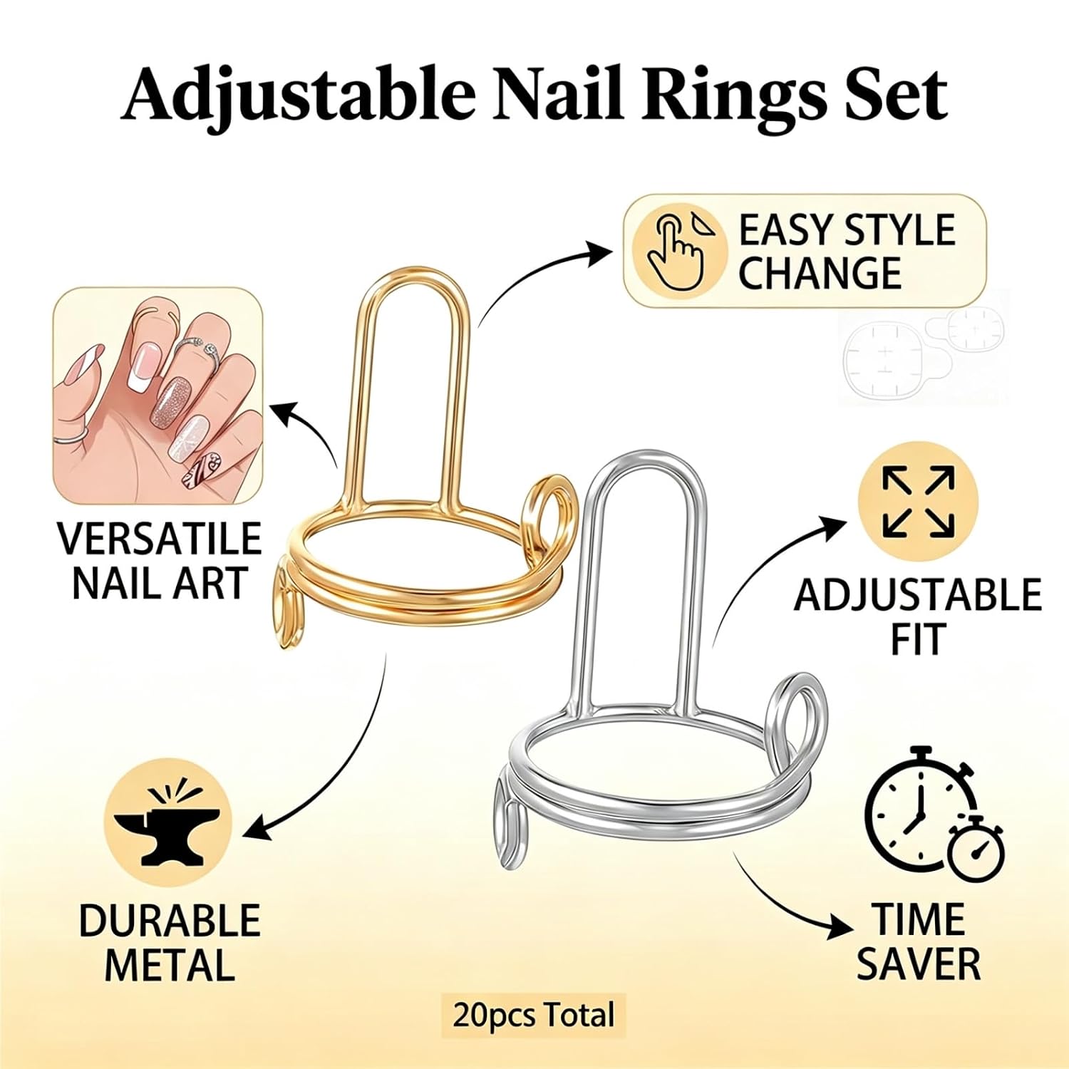 20Pcs Nail Rings & 120 Adhesive Tabs Gold Silver Metal Nail Ornaments