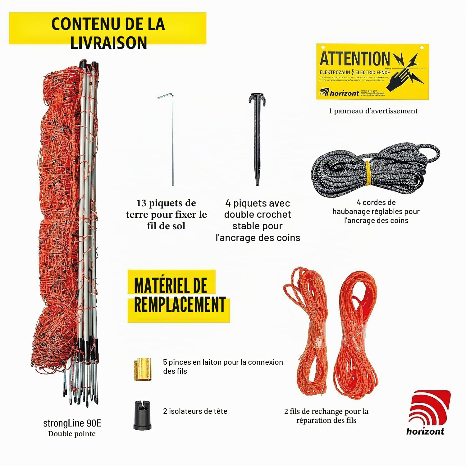 Horizont strongLine Clôture électrique pour moutons 90 cm de haut – Clôture de 50 m de long, 14 piquets en fibre de verre à double pointe – Clôture mobile pour moutons, chèvres et agneaux – Ensemble