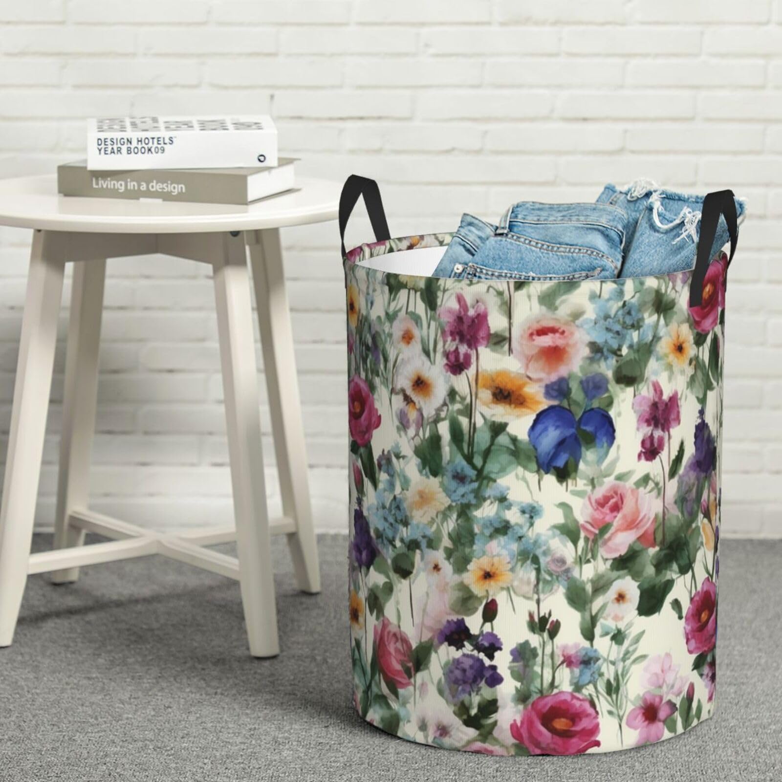 Panier à linge rond fleurs sauvages avec poignées personnalisées pour chambre