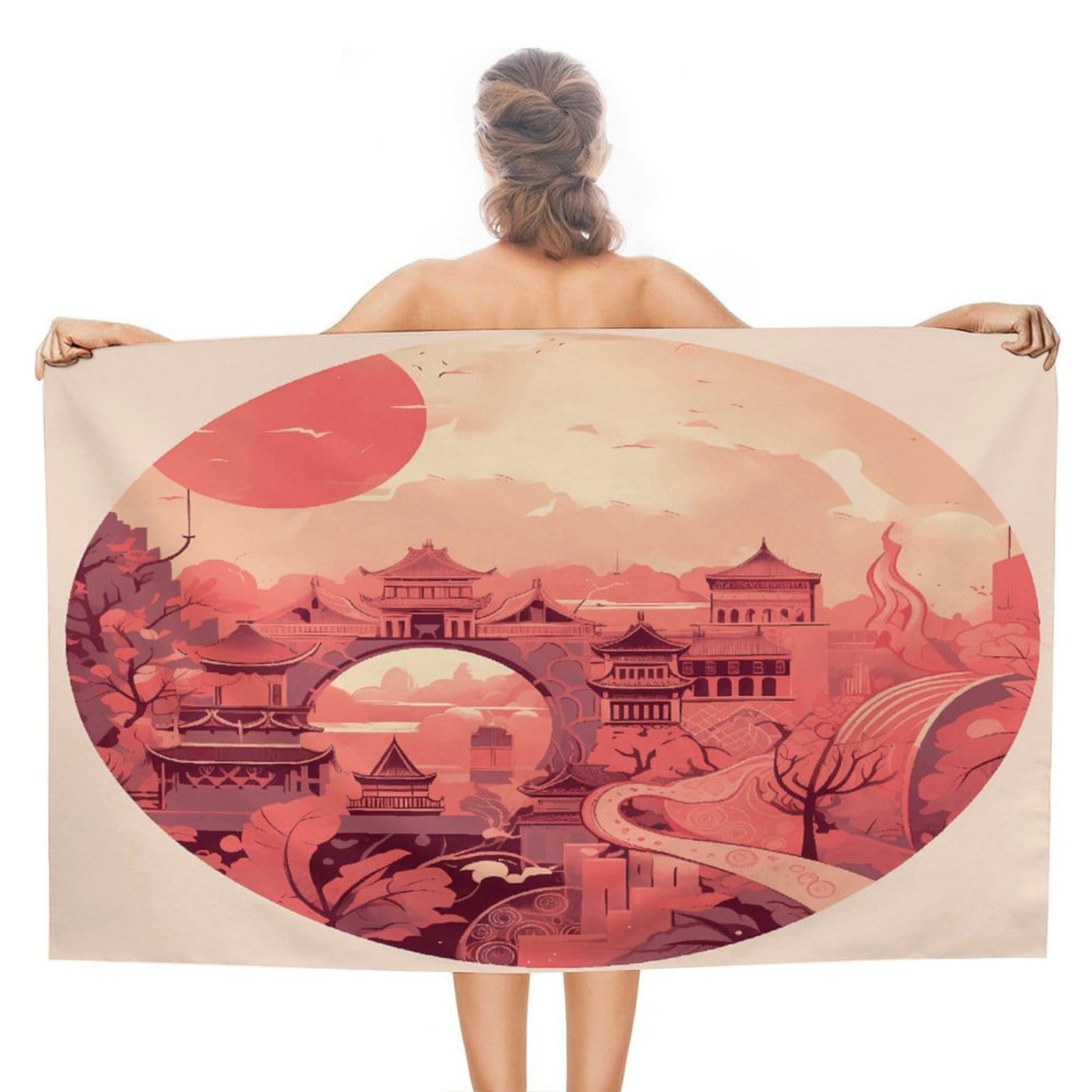 VstaDank Chinese Architectural Patterns Bath Towel Stylish Double-Faced Pile Travel Towel Soft Absorbent Beach Towel for Pool Swim Sports Camping Adults Gift 51X31 Inch