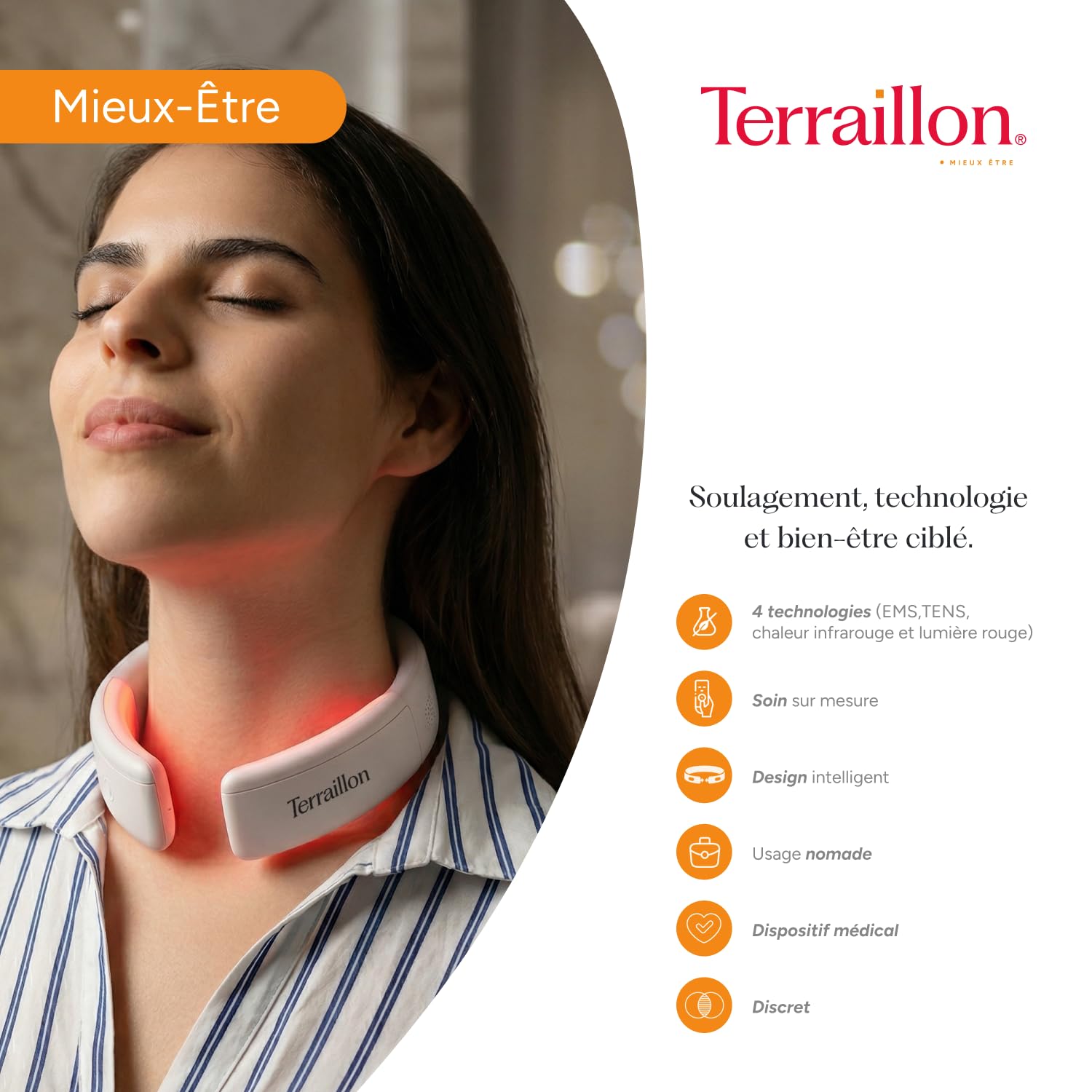 TERRAILLON - Masseur Cervical Coussin de Nuque Massant, Programmes TENS & EMS, Chauffant, Lumière Rouge, Soulage les Douleurs, Réduit les Tensions, 6 Modes, 16 Intensités, USB-C, NECK CARE +