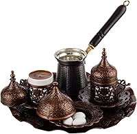 DEMMEX 12-Pc Turkish Coffee Set: Copper Pot, Gold Crystal Cups, Saucers, Lids, Sugar Bowl, Tray - Authentic Greek Arabic Style