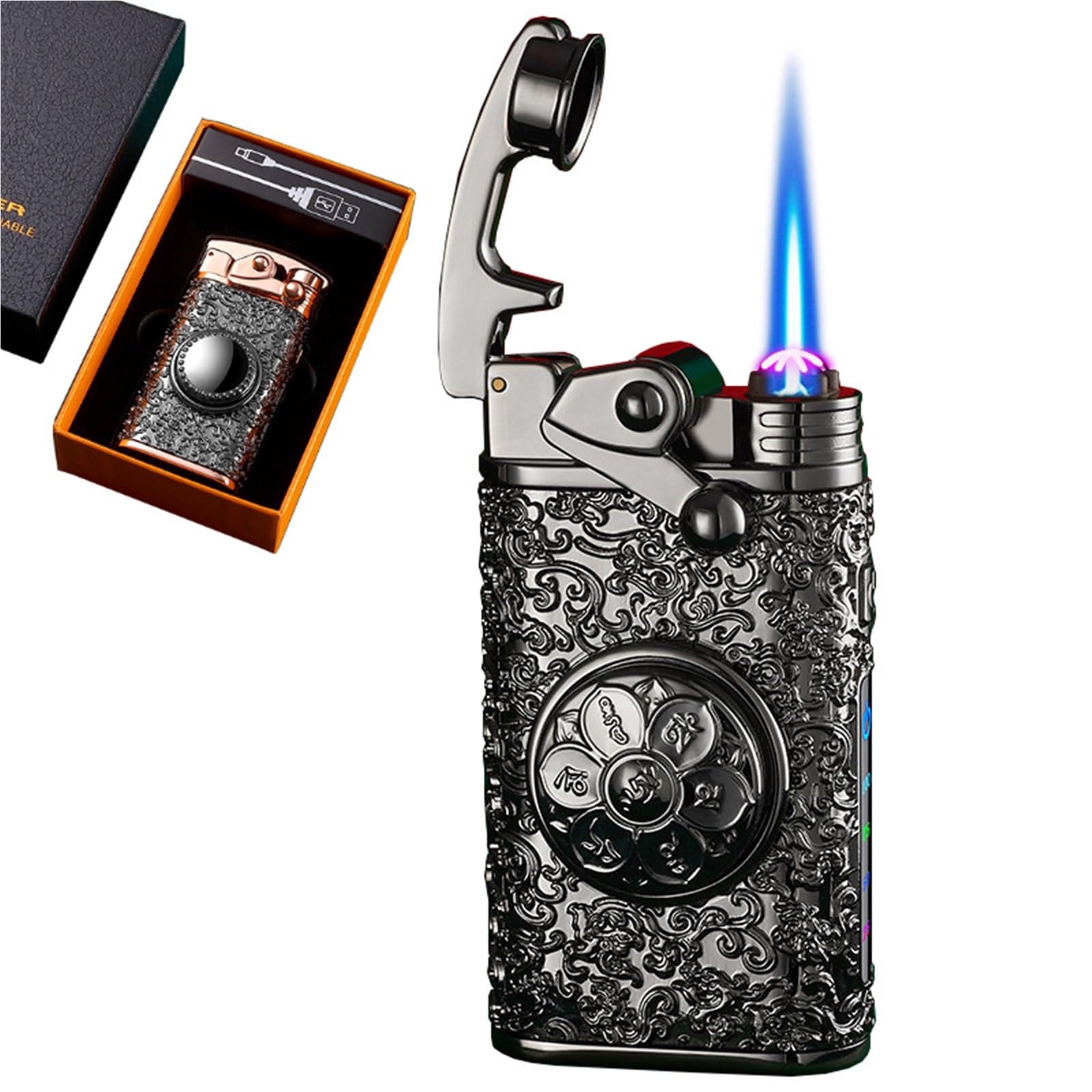 Encendedor para camping y exteriores con linterna de doble arco y cuerpo de metal