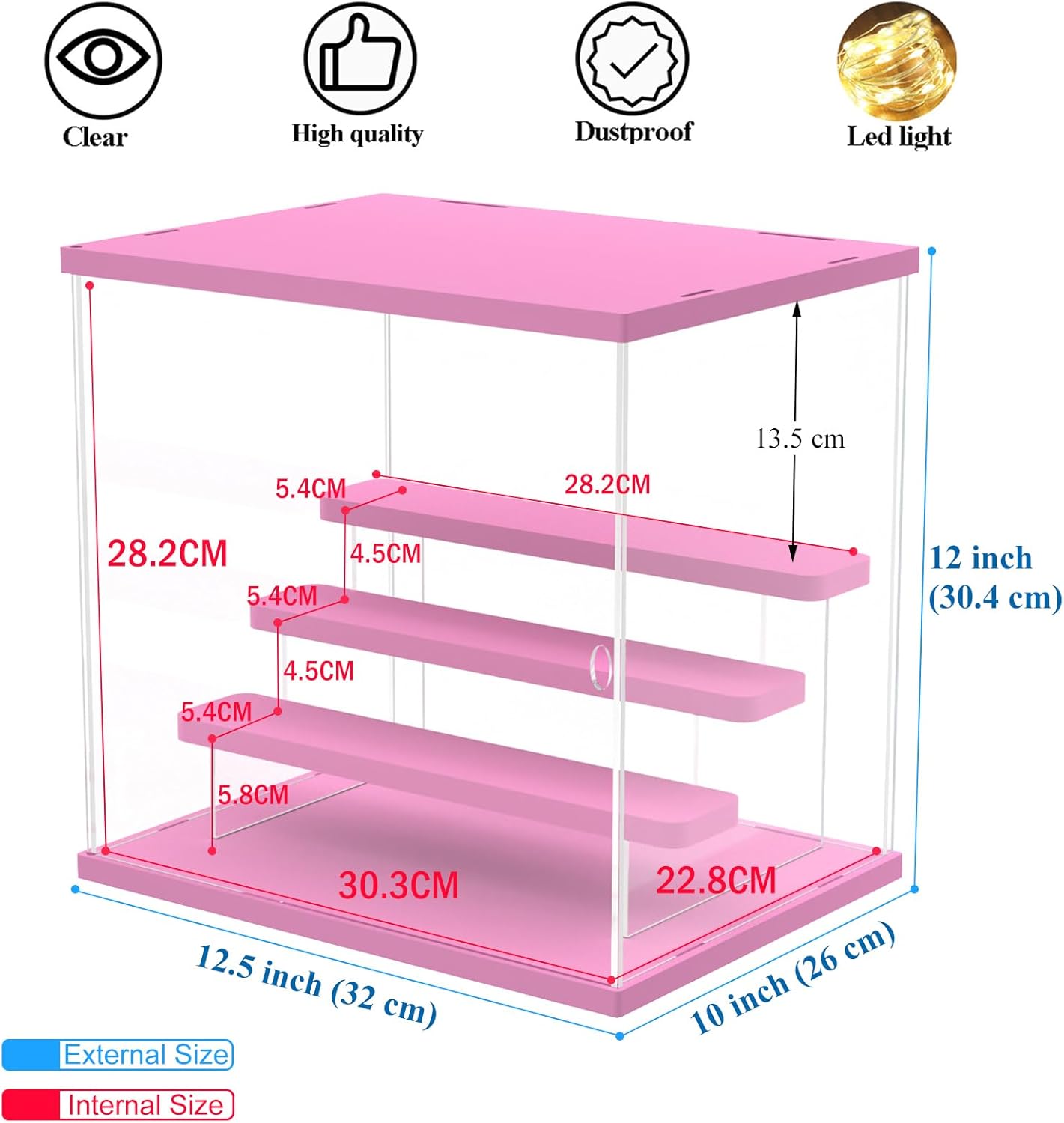 DuvinDD Acrylic Display Case for Doll Toy Barbie Storage Organizer Clear Countertop Showcase Dustproof Protection Collectibles Display Stand Home Storage Box, Pink (12.5" L x 10" D x 12" H)