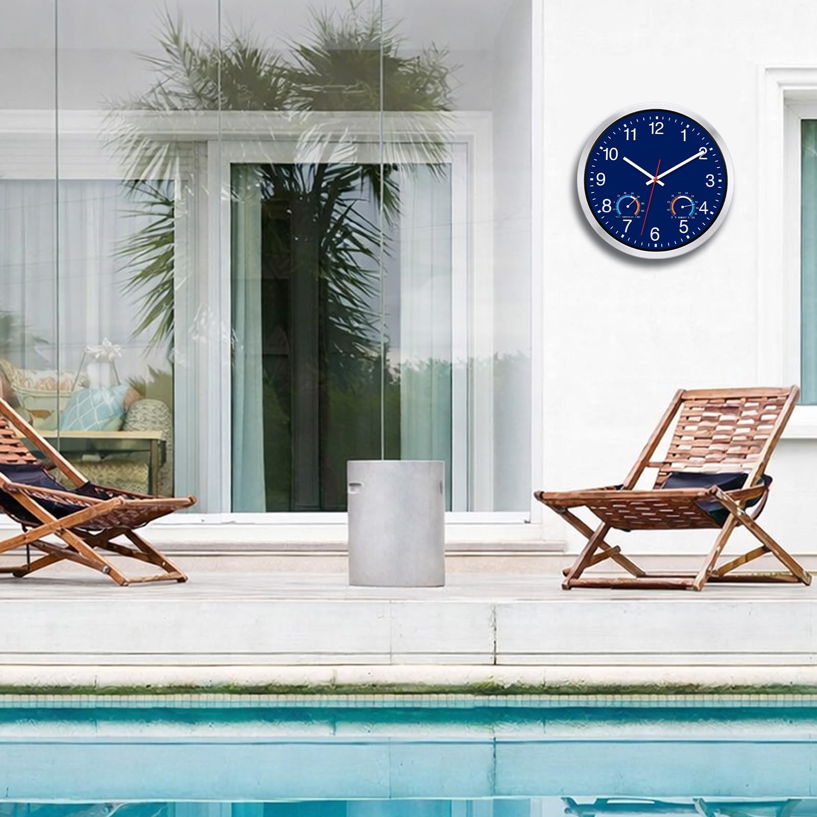 Caysie Horloges murales étanches en métal à quartz pour intérieur et extérieur - 30,5 cm - Avec thermomètre et hygromètre - Fonctionnement à piles - Pour terrasse, piscine, salle de bain, maison (bleu