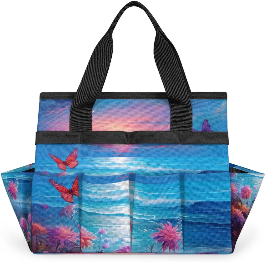 Ocean Beach Flower Butterfly Garden Tool Bag with Hard Bottom, 10 Pockets