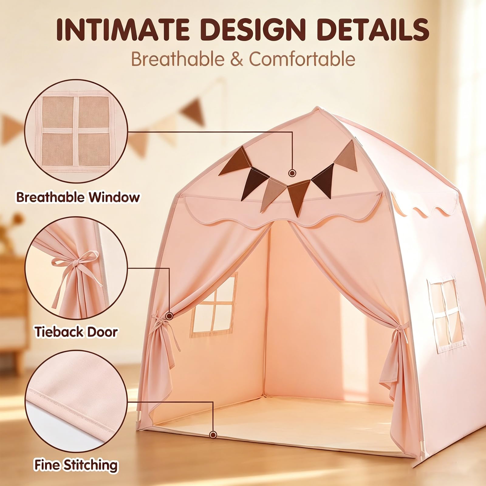 2 IN 1 Kinderzelt Indoor, Spielzelt mit LED-Lichtern und Dekoration, Kinderzimmer Spielhaus Indoor für Schlafzimmer Spielzimmer, Faltbares Spielzelt für Mädchen und Jungen, Rosa