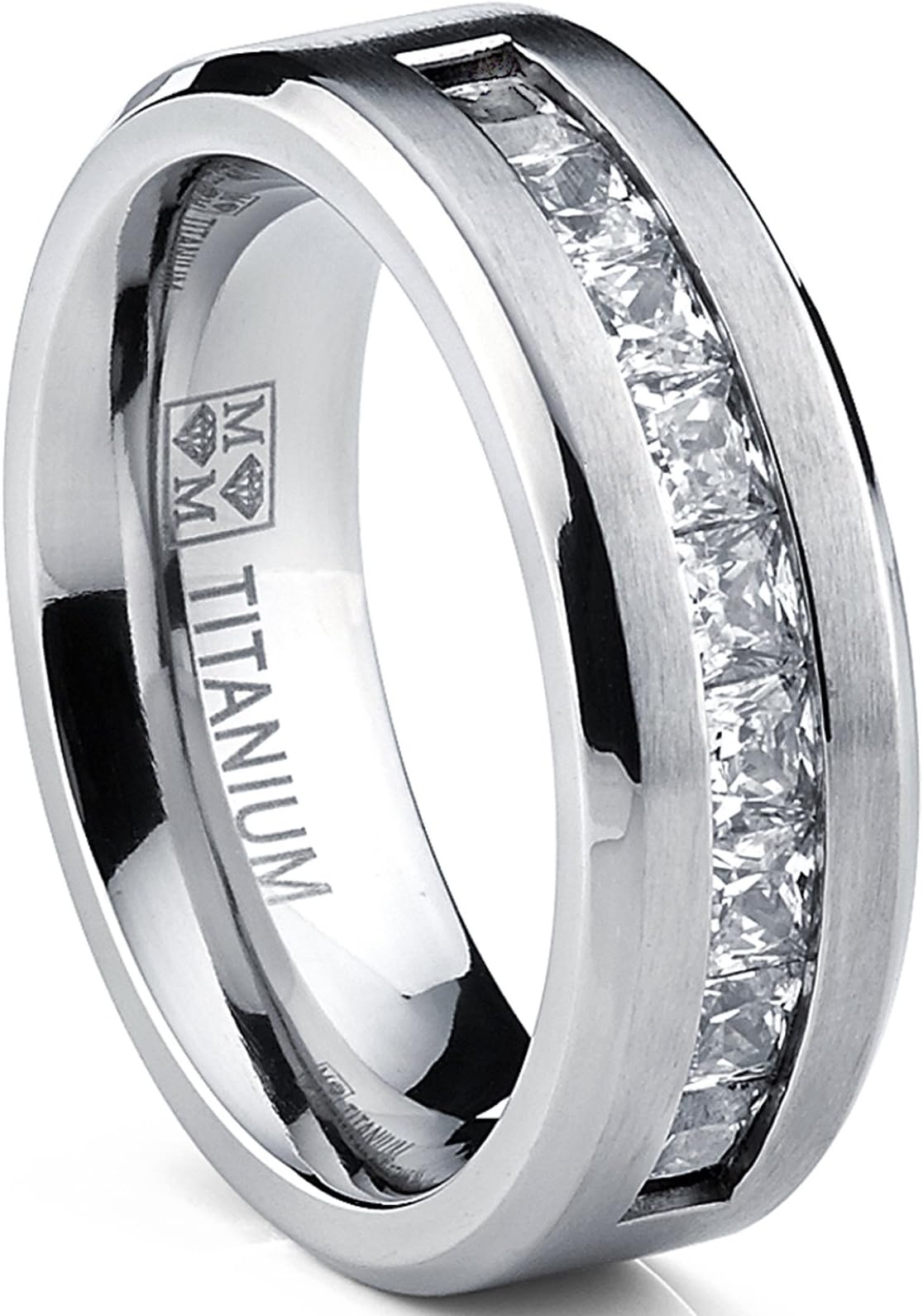 Metal Masters Co. Titanium Men's Band Engagement Ring with 9 Large Princess Cut Cubic Zirconia