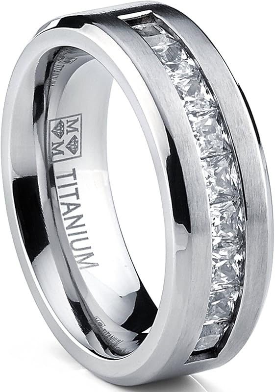 Metal Masters Titanium Men's 1Ct. Wedding Band Engagement Ring with 9 large Princess Cut Cubic Zirconia