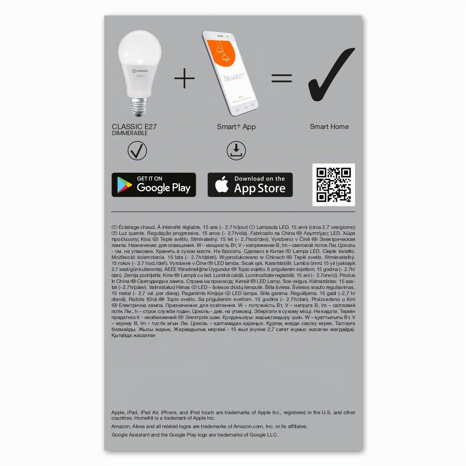 LEDVANCE Lampada LED intelligente con tecnologia WiFi, attacco E27, dimmerabile, bianco caldo (2700 K), sostituisce le lampade a incandescenza con 100W, SMART+ WiFi Classic dimmerabile,confezione da 4