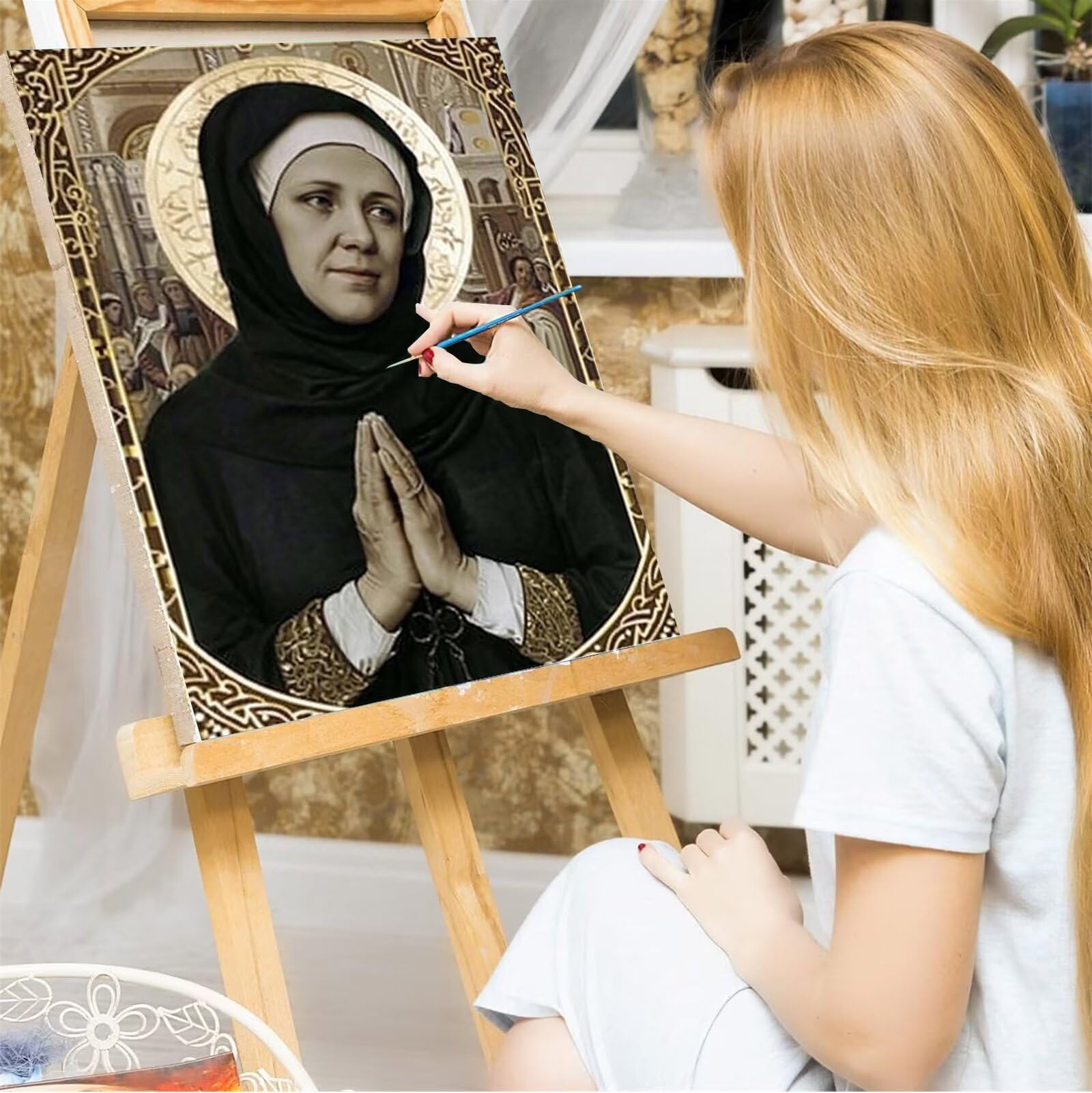 Malen Nach Zahlen Erwachsene Nonne DIY Ölgemälde Leinwand Set mit Pinsel und Acrylpigment für Frauen Home Deko Geburtstag Weihnachten Geschenk - Orthodox 60x80cm (mit Rahmen)