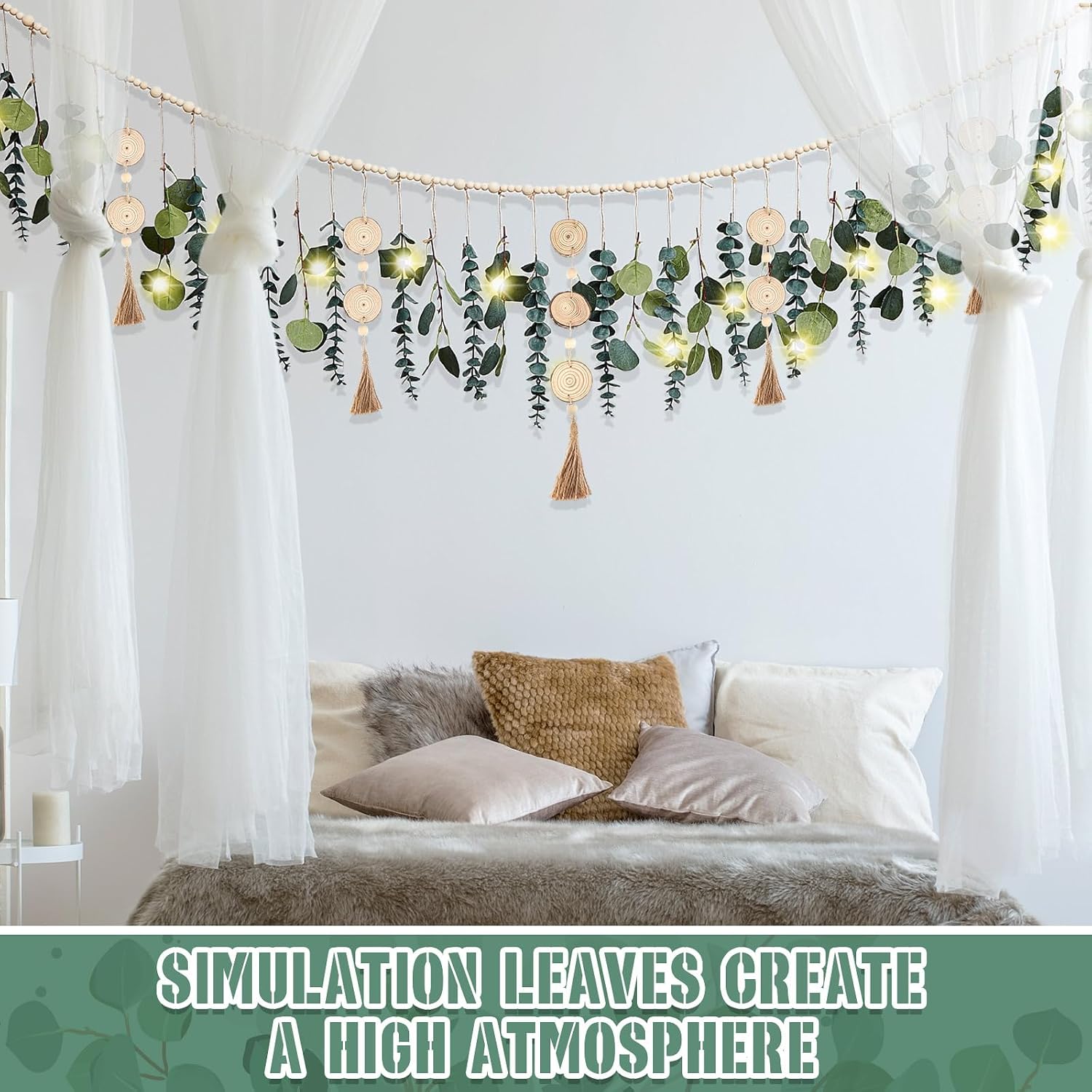 Juexica Artificial Hanging Eucalyptus Wall Decor Boho Bedroom Wall Decor with LED String Light for Home Office Farmhouse Nursery Bathroom Kitchen(Wooden Bead)