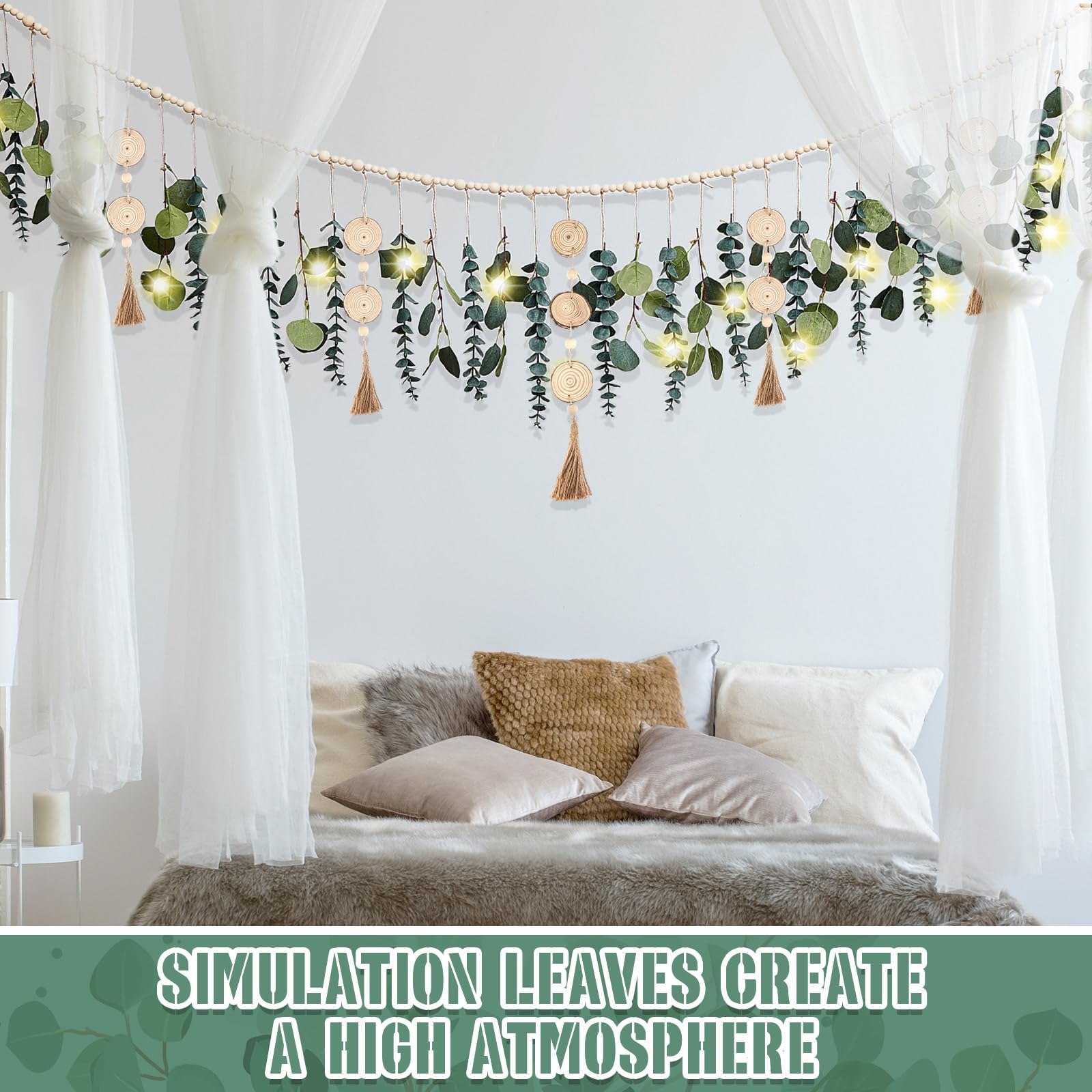 Juexica Künstliche hängende Eukalyptus-Wanddekoration, Boho-Schlafzimmer, Wanddekoration mit LED-Lichterkette für Zuhause, Büro, Bauernhaus, Kinderzimmer, Badezimmer, Küche (Holzperle)