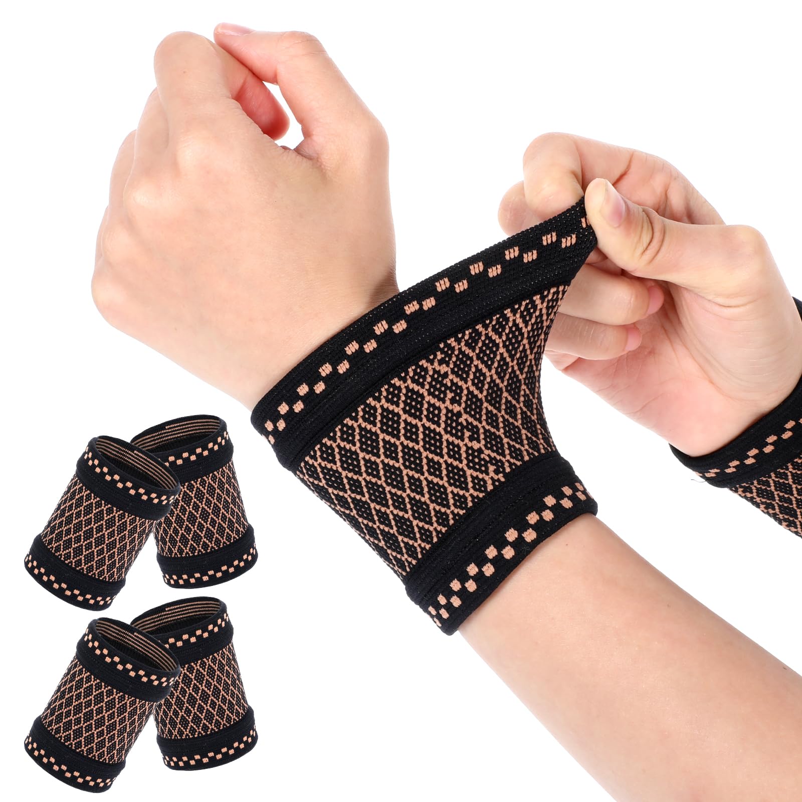 Andibro 2Pairs Copper Wrist Compression Brace Elastic Wrist Support Compression Sleeve Copper Wrist Band for Weightlifting Fitness Workout