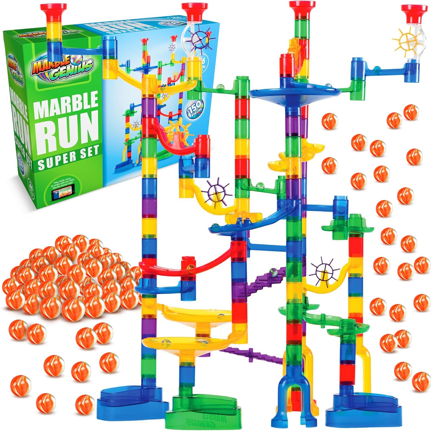 Marble Genius Marble Run - 150 Complete Pieces Maze Track Toys for Adults, Teens, Toddlers & Kids Aged 4-8 Years Old, (85 Translucent Marbulous Pieces + 65 Glass-Marble Set), Super Set