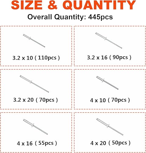 Miniatura 2 de OCR Remaches ciegos de aluminio de 445 piezas, 6 tamaños, remaches de aluminio, cúpula de remaches pop, kit surtido de remaches de extracción de