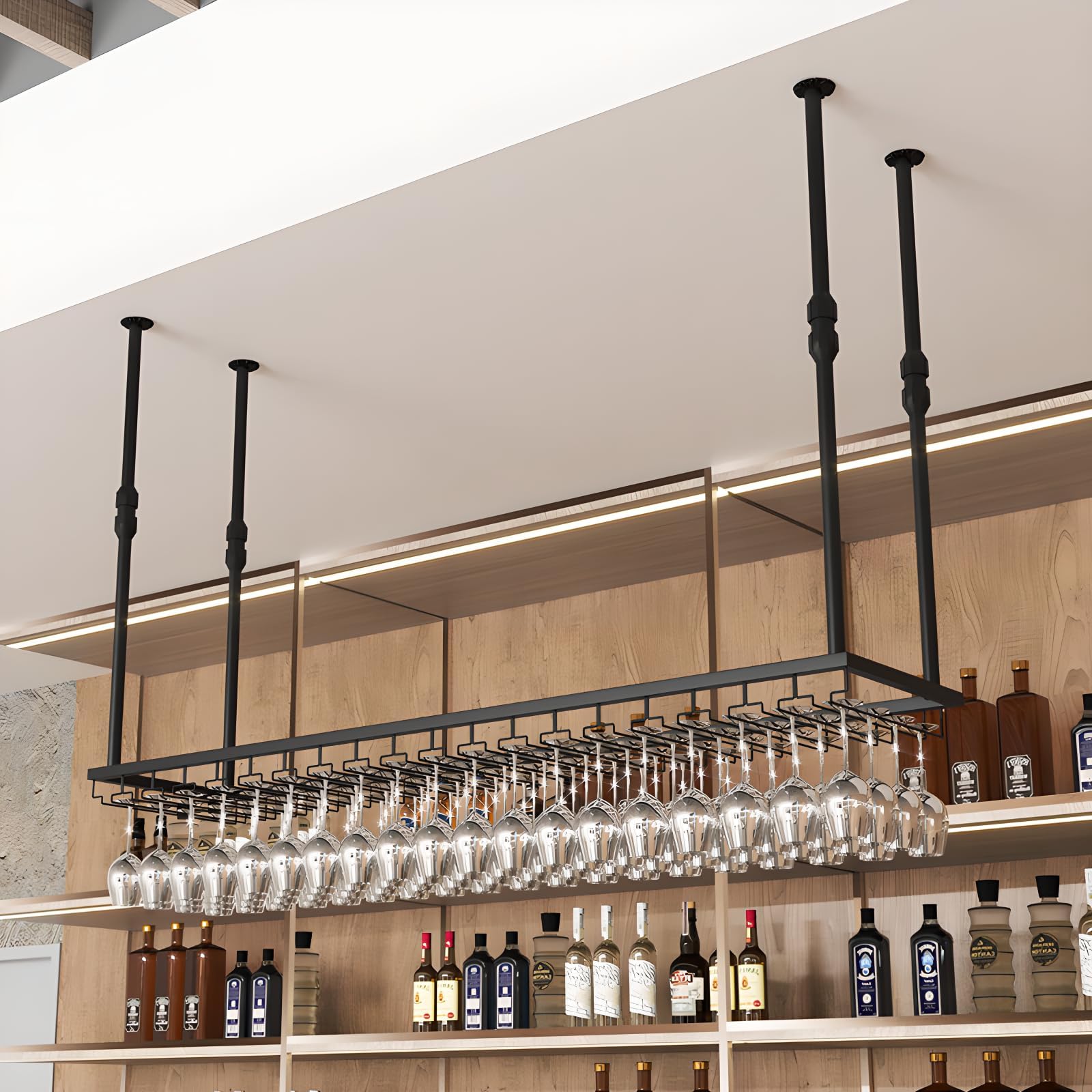 YDEHUEAD Soportes para Copas de Vino de Metal, Estante Colgar Copas de Vino Estante para, Colgador de Copas Invertido, Colgador Copas con Tallo para Familia, Restaurante,Hotel Bar (Negro, 90 * 35cm)