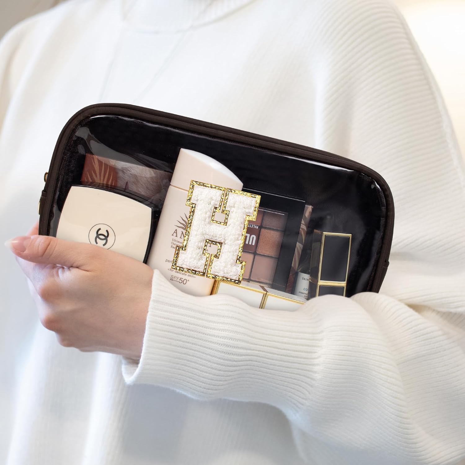 Bolsa De Maquillaje Con Letras Y Flores, Bolsa De Cosméticos Con Letras Y Letras Del Alfabeto, Bolsa De Maquillaje Con Iniciales, Regalo De Cumpleaños Para Mujeres, Mamás, Amigas, Novias, Damas De Ho