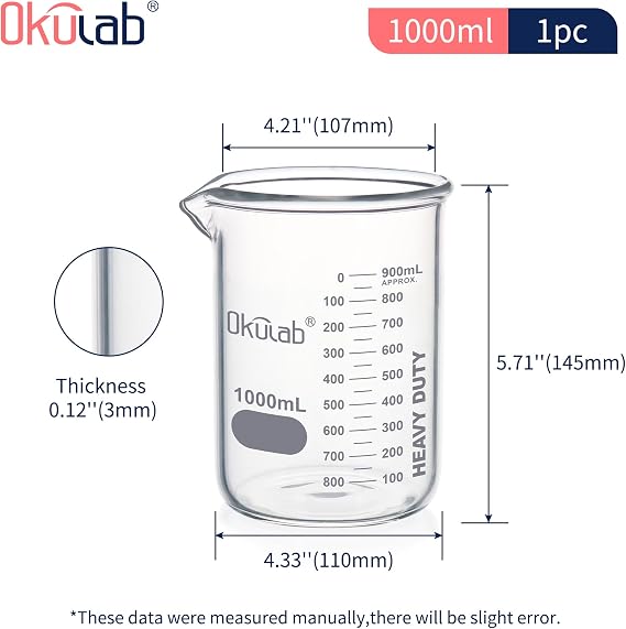 Heavy Duty Glass Beaker Set, Thick-Walled 3.3 Borosilicate Glass Beakers, with Double Scale Printed Graduation, Vol.1000ml, HBKG1000A1