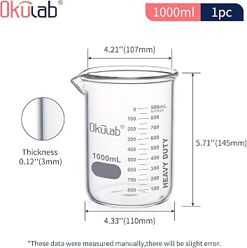 Heavy Duty Glass Beaker Set, Thick-Walled 3.3 Borosilicate Glass Beakers, with Double Scale Printed Graduation, Vol.1000ml, HBKG1000A1