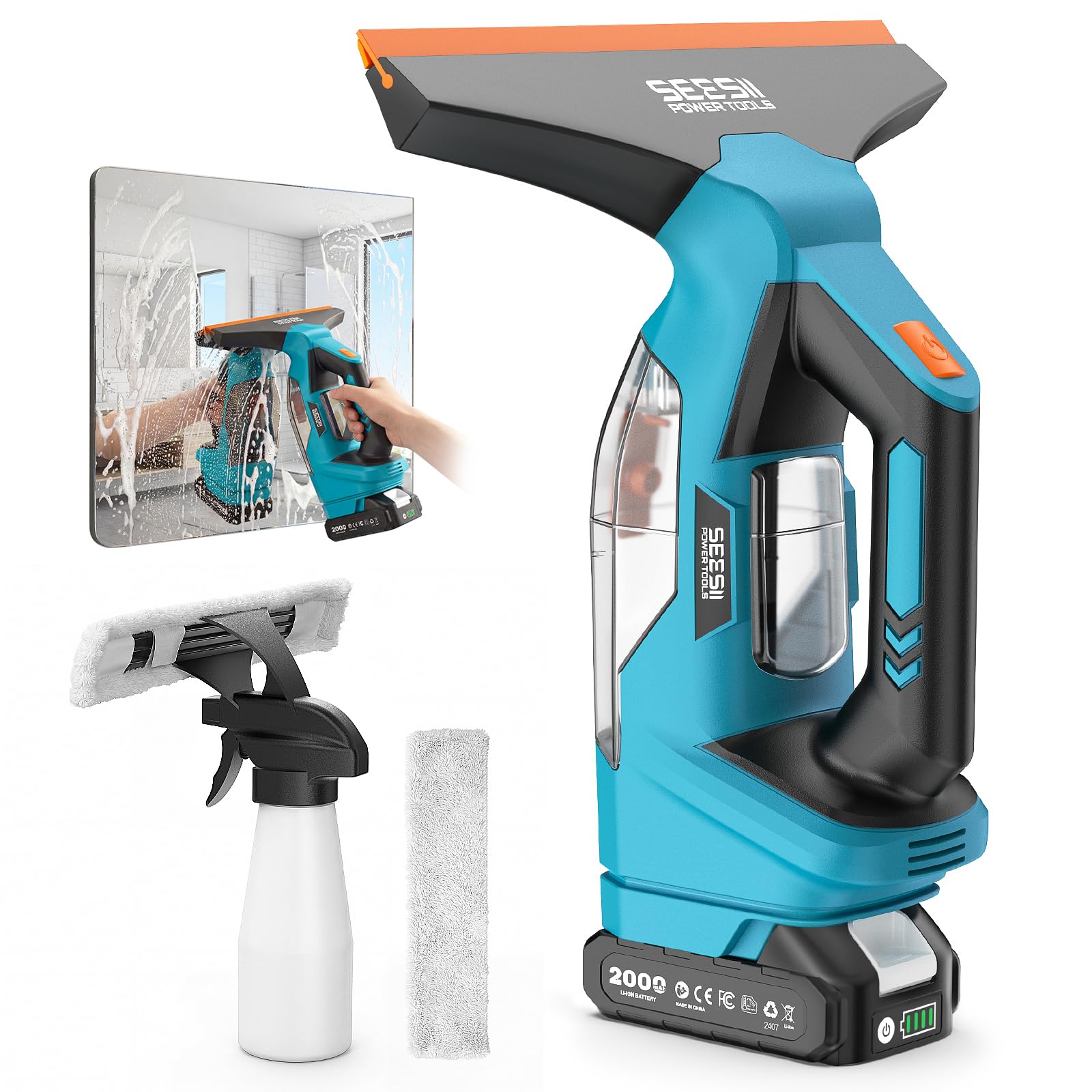 Fenstersauger Set Fensterreiniger Elektrisch mit 28cm+17cm Saugdüse & 150ml Wassertank, 2000mAh Akku, Geeignet für Fenster, Fliesen und Spiegel