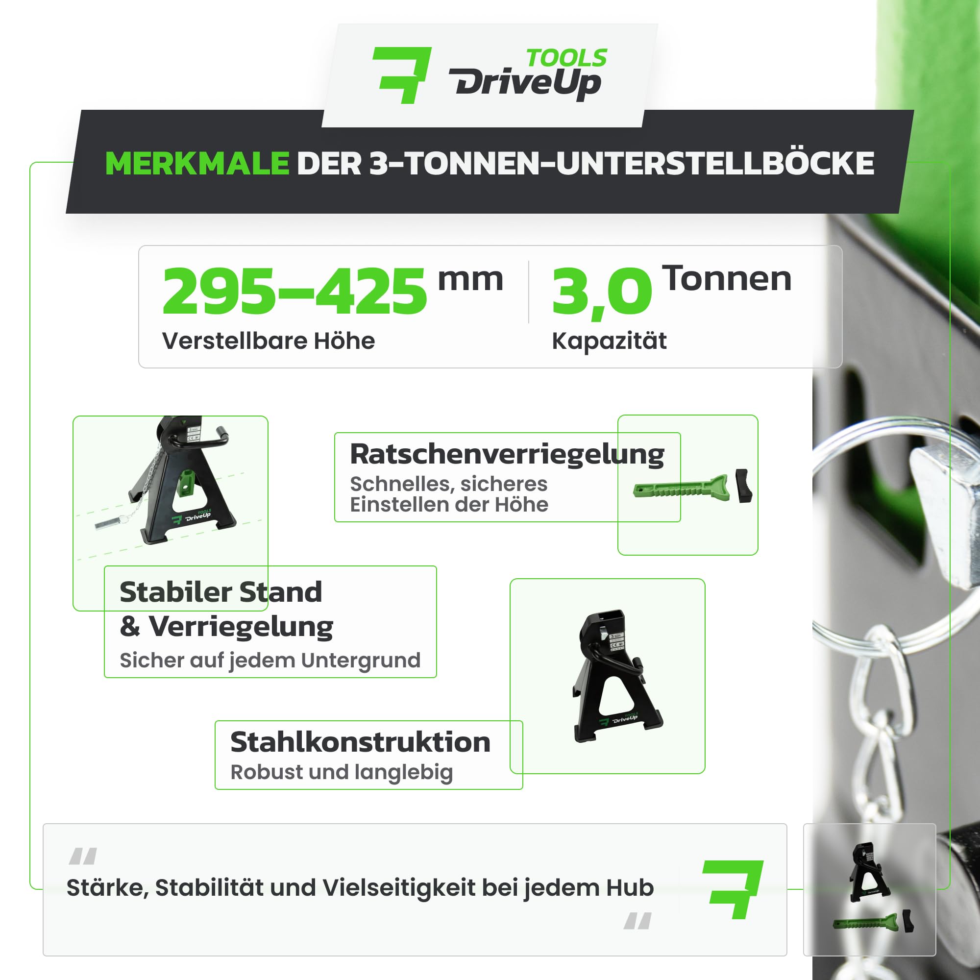 Unterstellböcke für Auto (3TONS - 420max) | Stabilisierende Wagenheberständer, 2er-Pack | Hubhöhe 280 mm–420 mm | Autolift – Auto Steht 3 Tonnen, insgesamt 6 Tonnen.