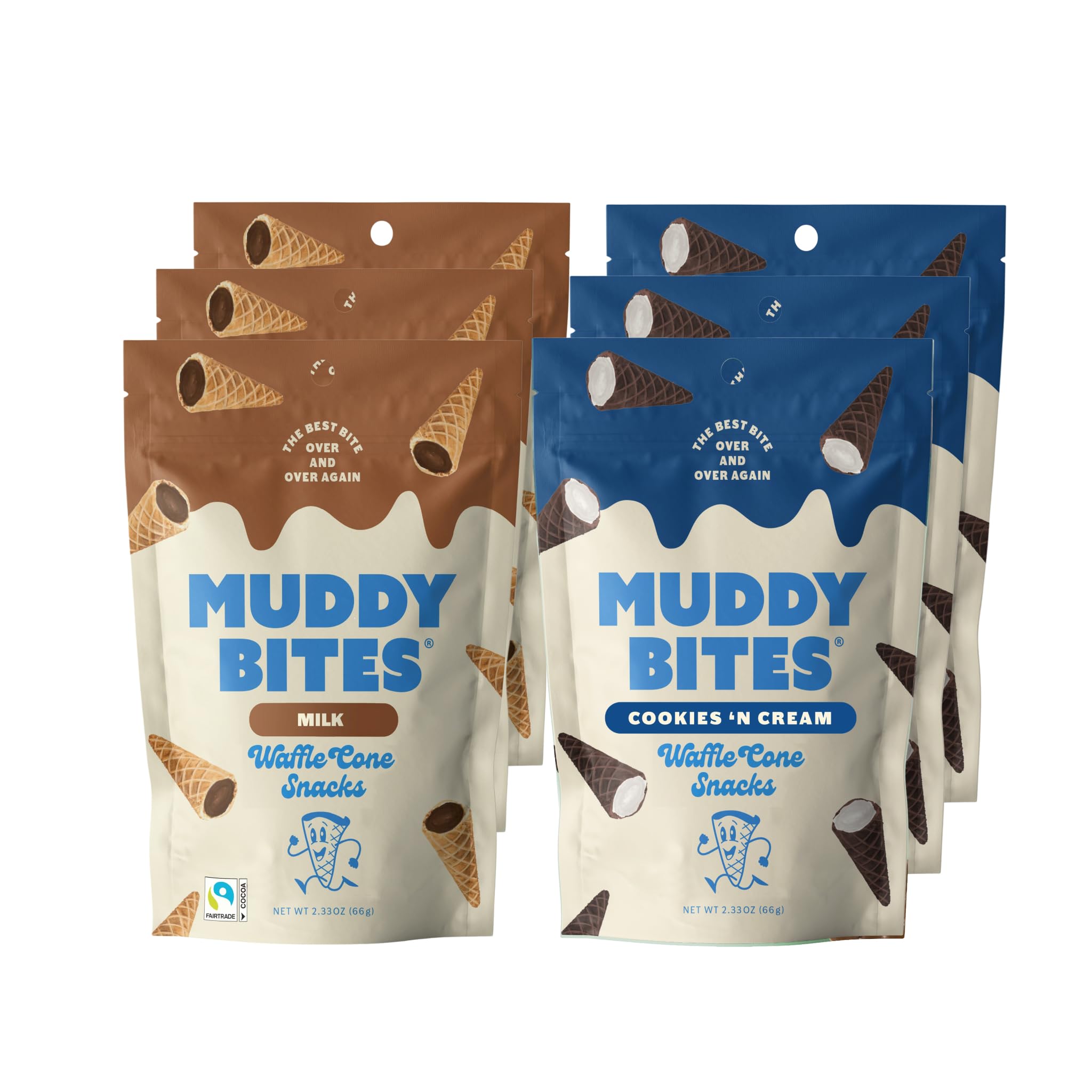 Muddy Bites Waffle Cone Snacks Bite Sized Filled Cone Bites for Snack or Dessert, Milk & Cookies 'N Cream, Made with Cane Sugar, Kosher, Fair Trade Certified (Variety Pack, 6 Bags)